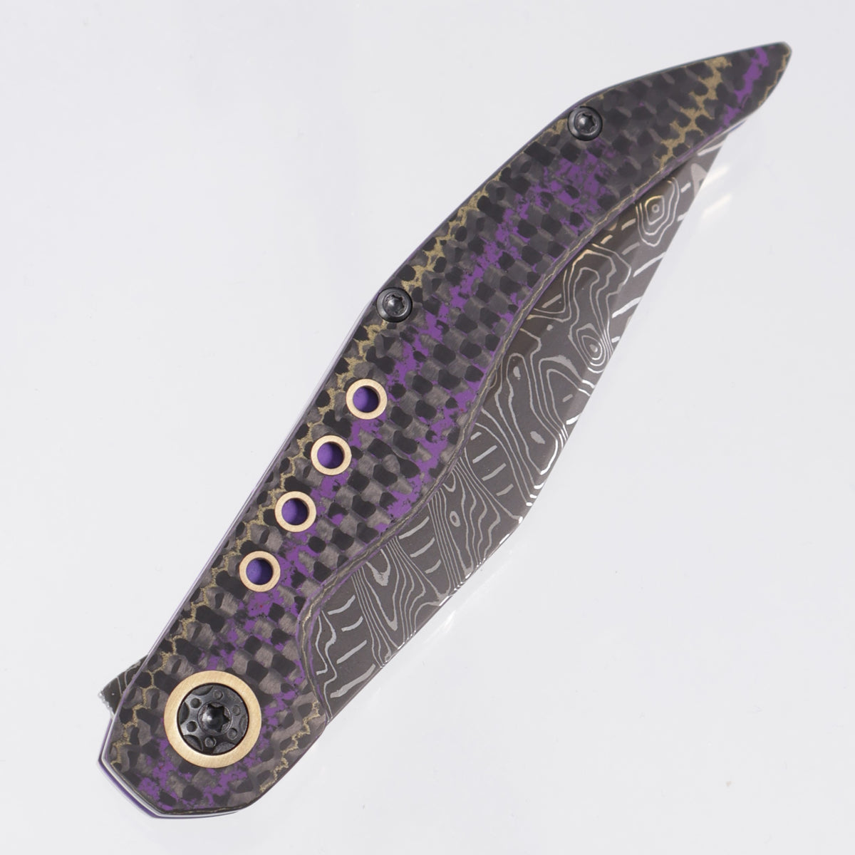 Keanison Knives Whippet Liner Lock #023 - Camo Carbon Weave Purple & Gold w/ Brass Liners & Accents - Purple Bakelite Backspacer & Zirconium Clip - Mike Norris Stainless Damascus