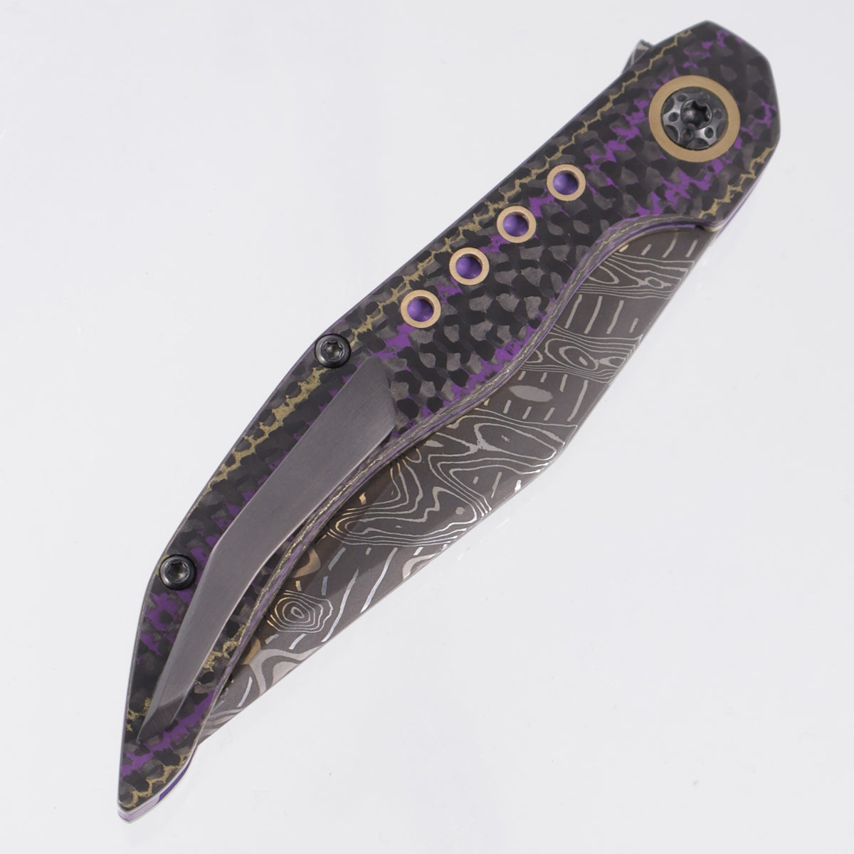 Keanison Knives Whippet Liner Lock #023 - Camo Carbon Weave Purple & Gold w/ Brass Liners & Accents - Purple Bakelite Backspacer & Zirconium Clip - Mike Norris Stainless Damascus