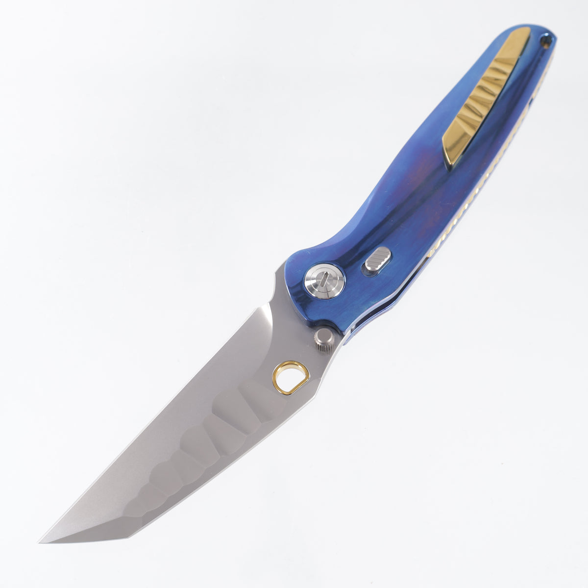 Ketuo Dirty Bird V2 - High Polish Blue Titanium w/ ZircuTi Pivot Collar - Pearlescent M390 w/ Rock Pattern - /B