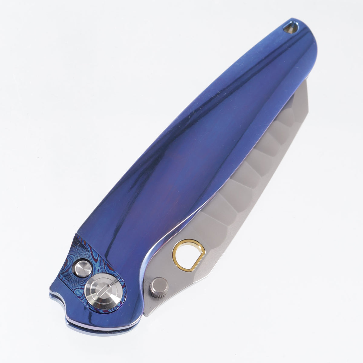 Ketuo Dirty Bird V2 - High Polish Blue Titanium w/ ZircuTi Pivot Collar - Pearlescent M390 w/ Rock Pattern - /B