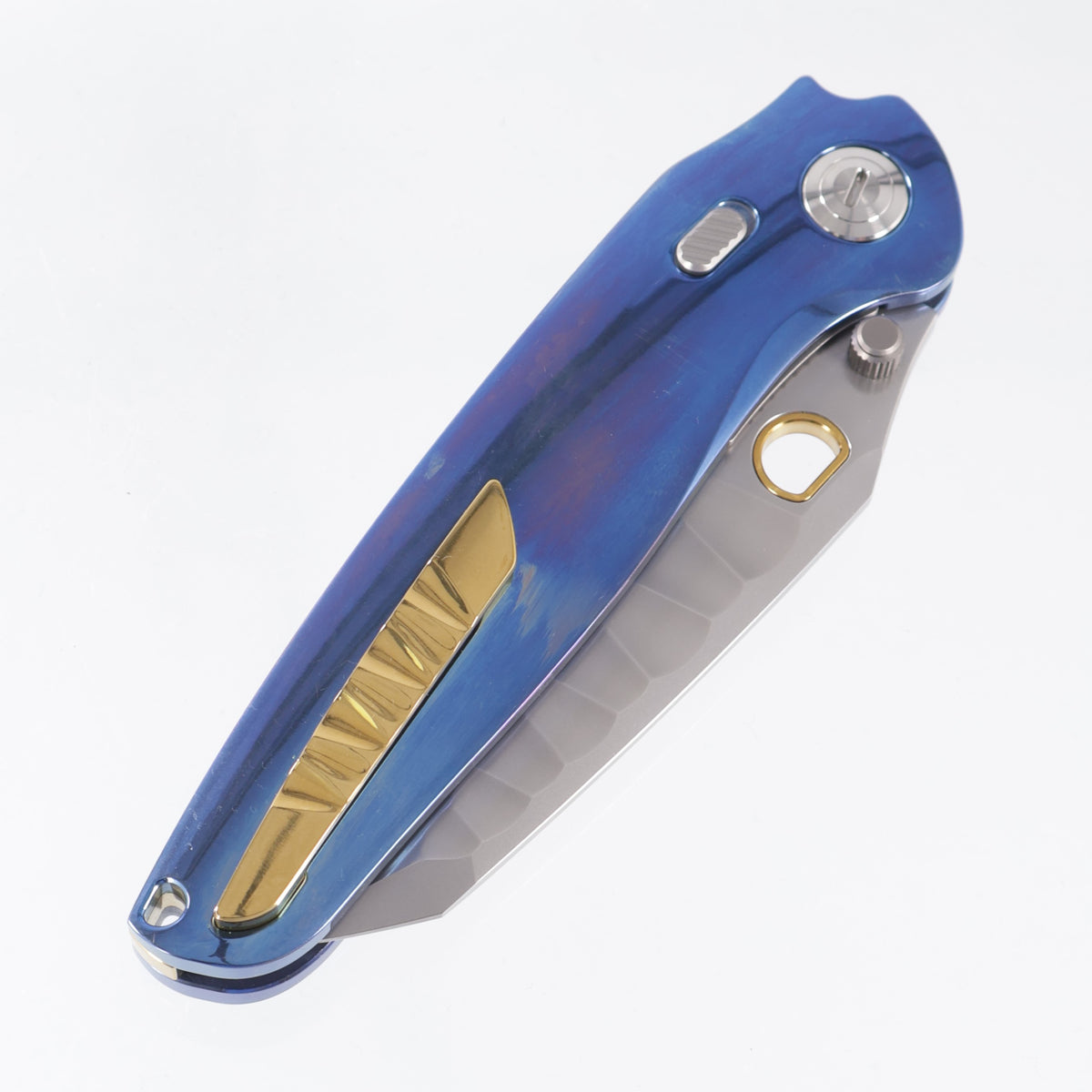 Ketuo Dirty Bird V2 - High Polish Blue Titanium w/ ZircuTi Pivot Collar - Pearlescent M390 w/ Rock Pattern - /B