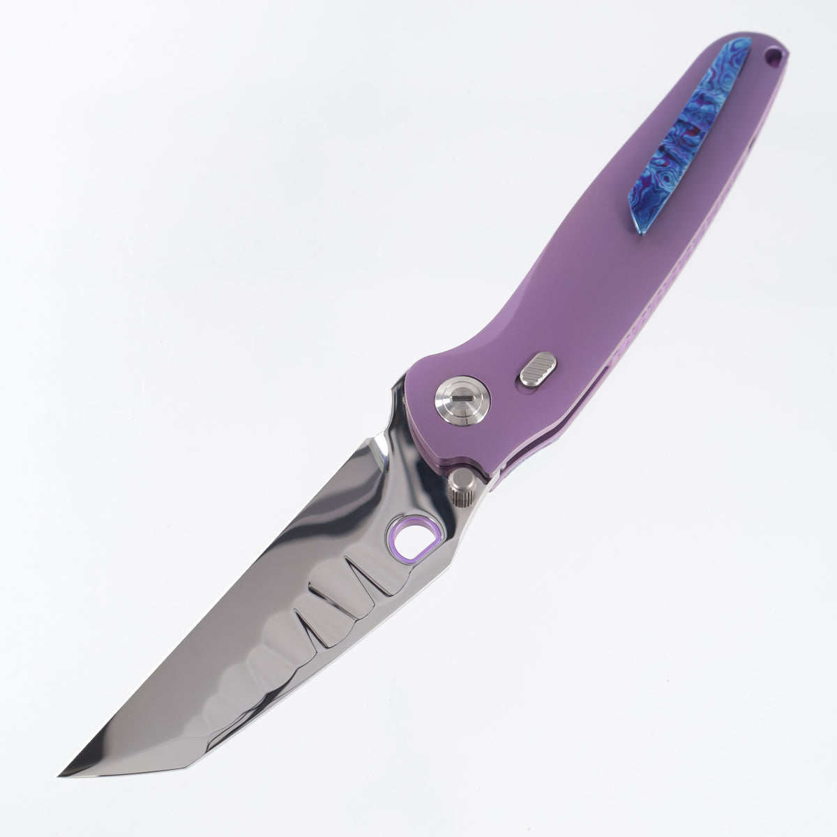 Ketuo Dirty Bird V2 - Purple Titanium w/ ZircuTi Pivot Collar & Clip - Mirror Polish M390 w/ Rock Pattern - MP