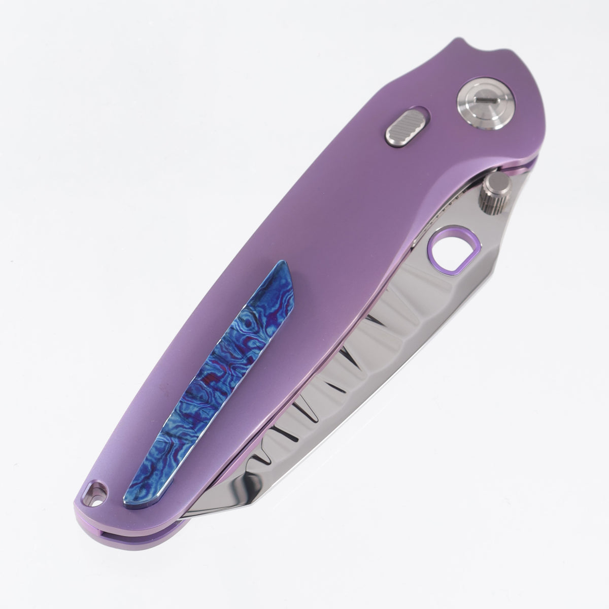 Ketuo Dirty Bird V2 - Purple Titanium w/ ZircuTi Pivot Collar & Clip - Mirror Polish M390 w/ Rock Pattern - MP