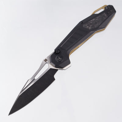 Ketuo Griffin - Black G10 w/ Carbon Fiber Inserts & Gold Accents - 2-Tone Blackwash 14C28N - BK/SW-S