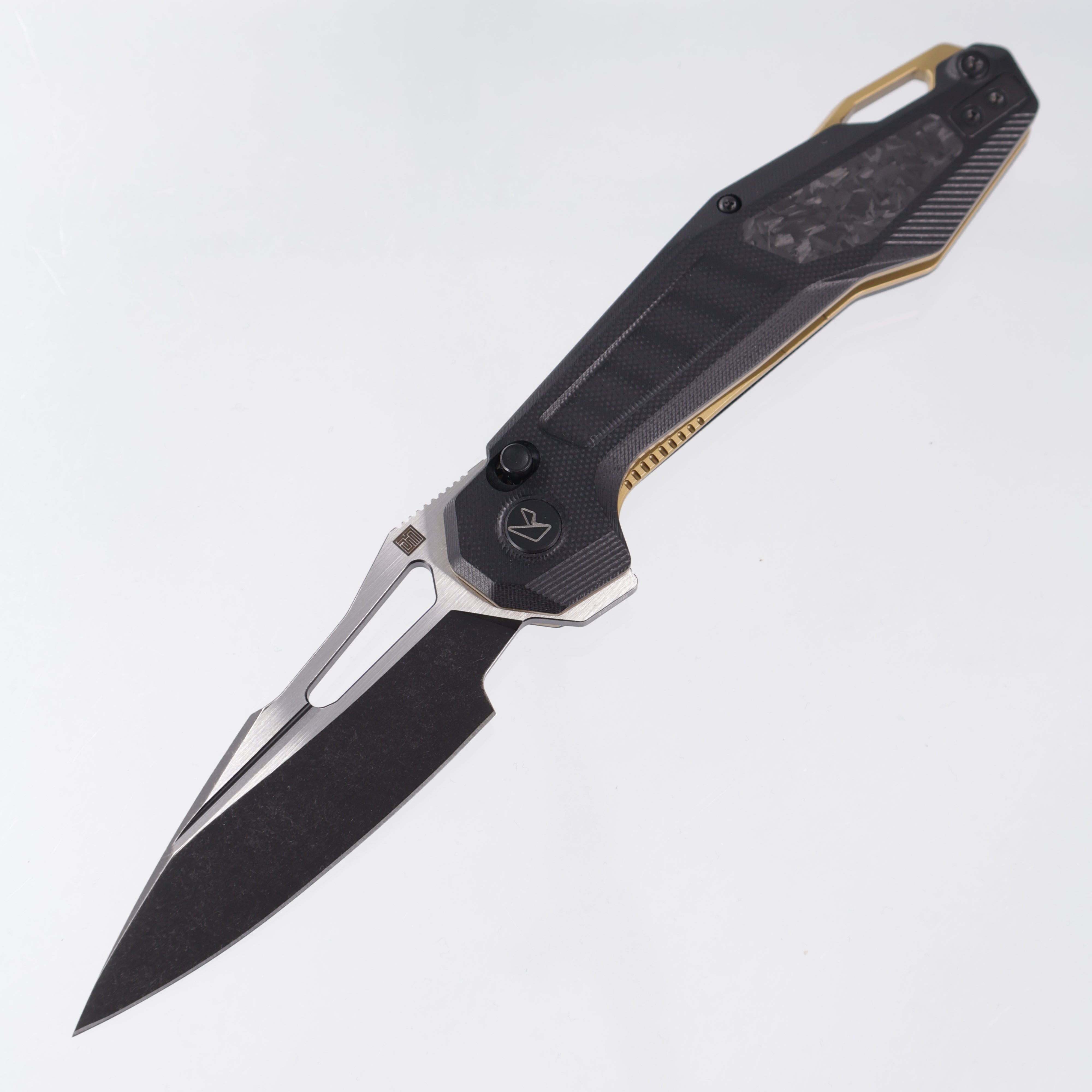 Ketuo Griffin - Black G10 w/ Carbon Fiber Inserts & Gold Accents - 2-Tone Blackwash 14C28N - BK/SW-S