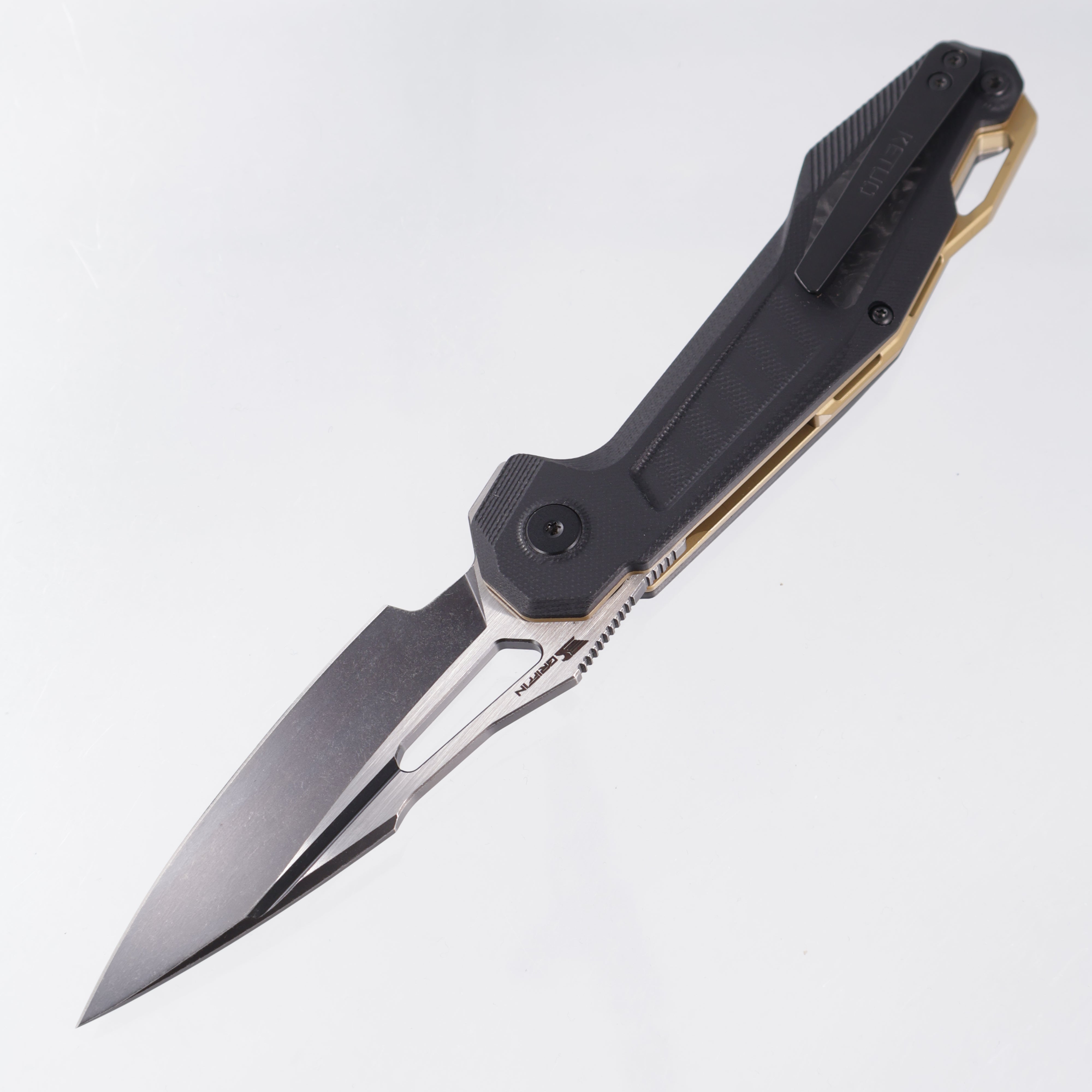 Ketuo Griffin - Black G10 w/ Carbon Fiber Inserts & Gold Accents - 2-Tone Blackwash 14C28N - BK/SW-S