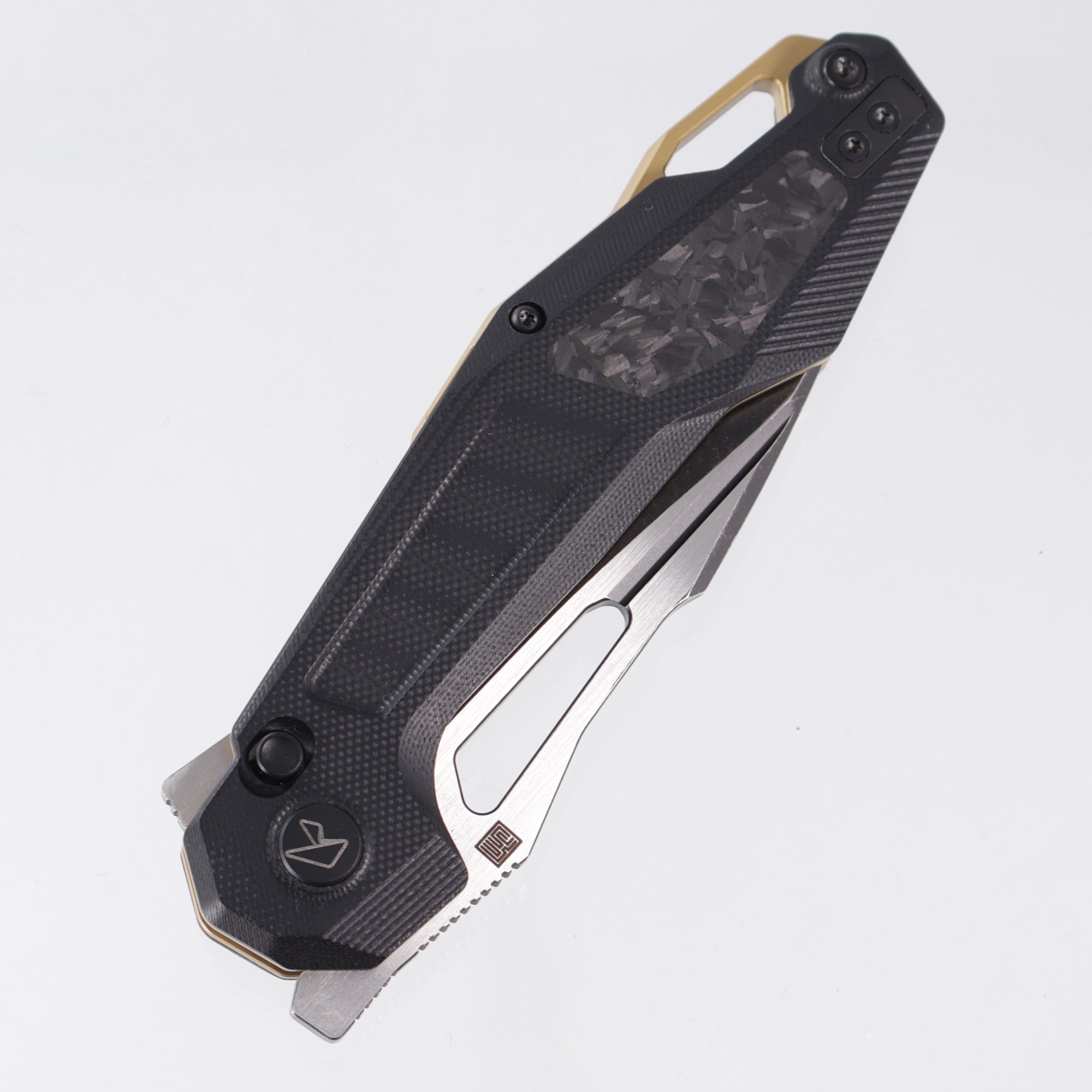 Ketuo Griffin - Black G10 w/ Carbon Fiber Inserts & Gold Accents - 2-Tone Blackwash 14C28N - BK/SW-S