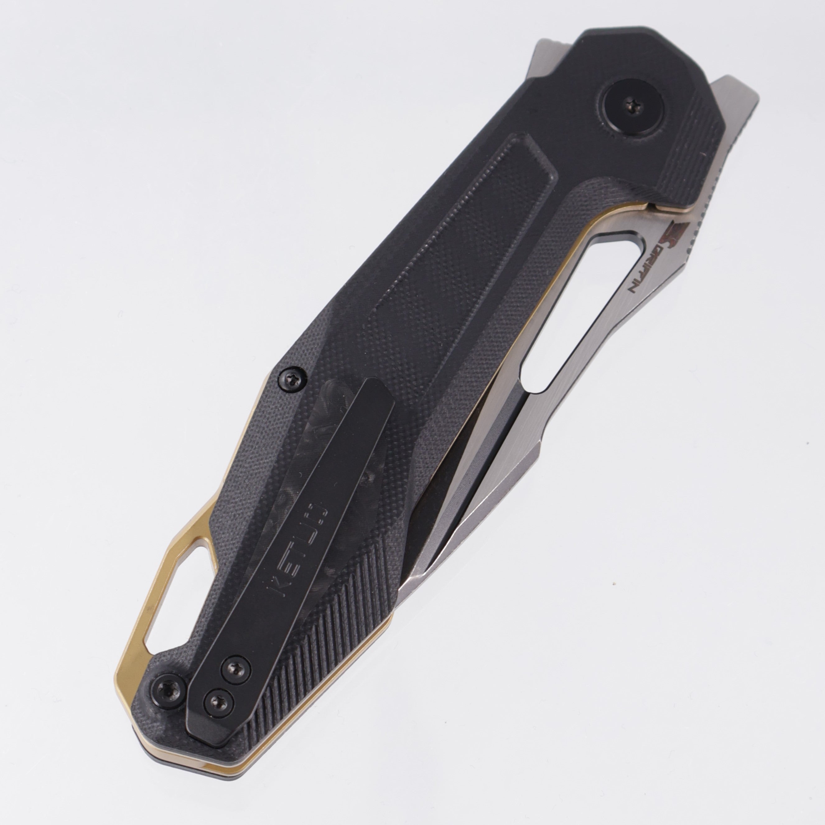 Ketuo Griffin - Black G10 w/ Carbon Fiber Inserts & Gold Accents - 2-Tone Blackwash 14C28N - BK/SW-S
