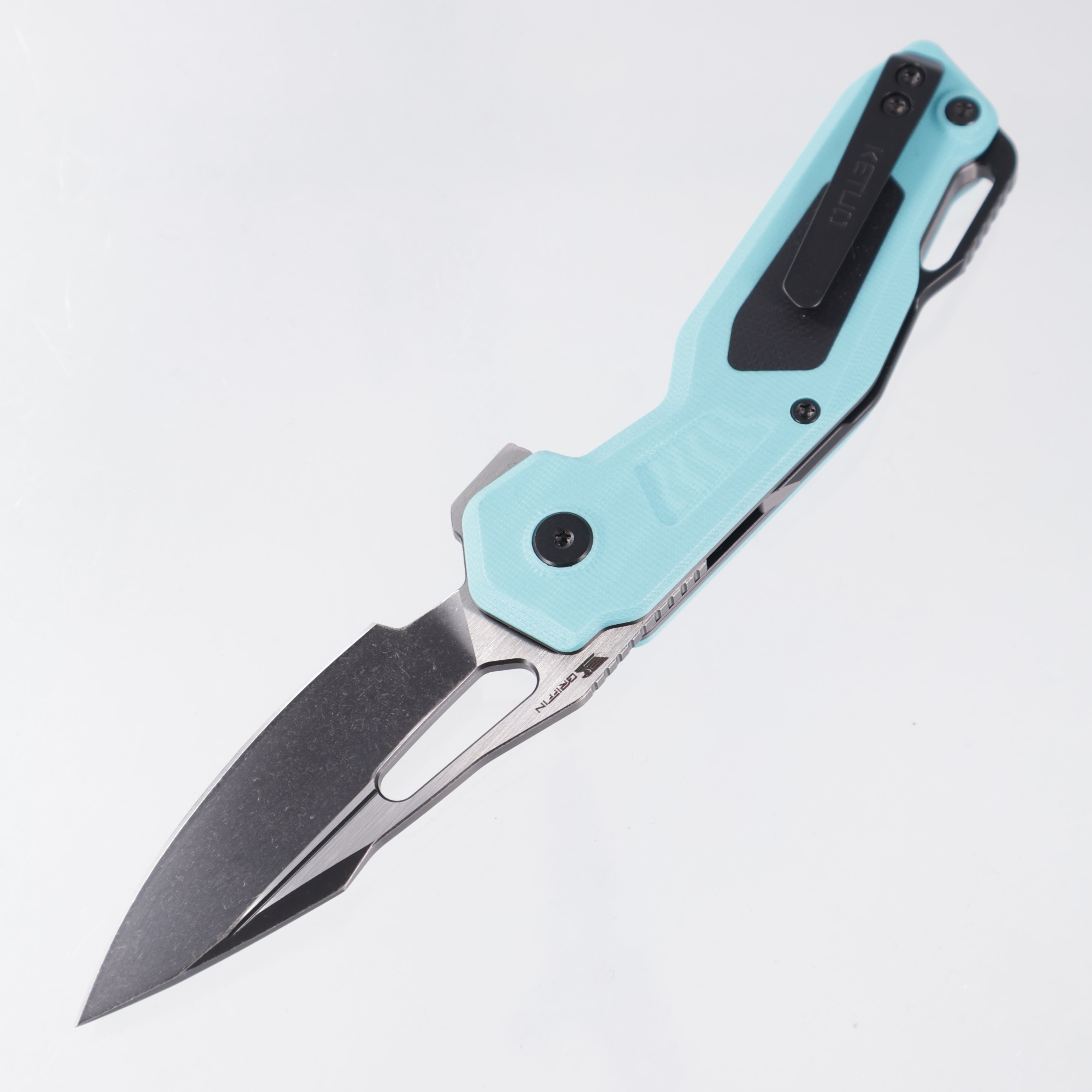 Ketuo Mini Griffin - Sky Blue G10 w/ Black G10 Inserts - 2-Tone Blackwash 14C28N - GRN/SW-S