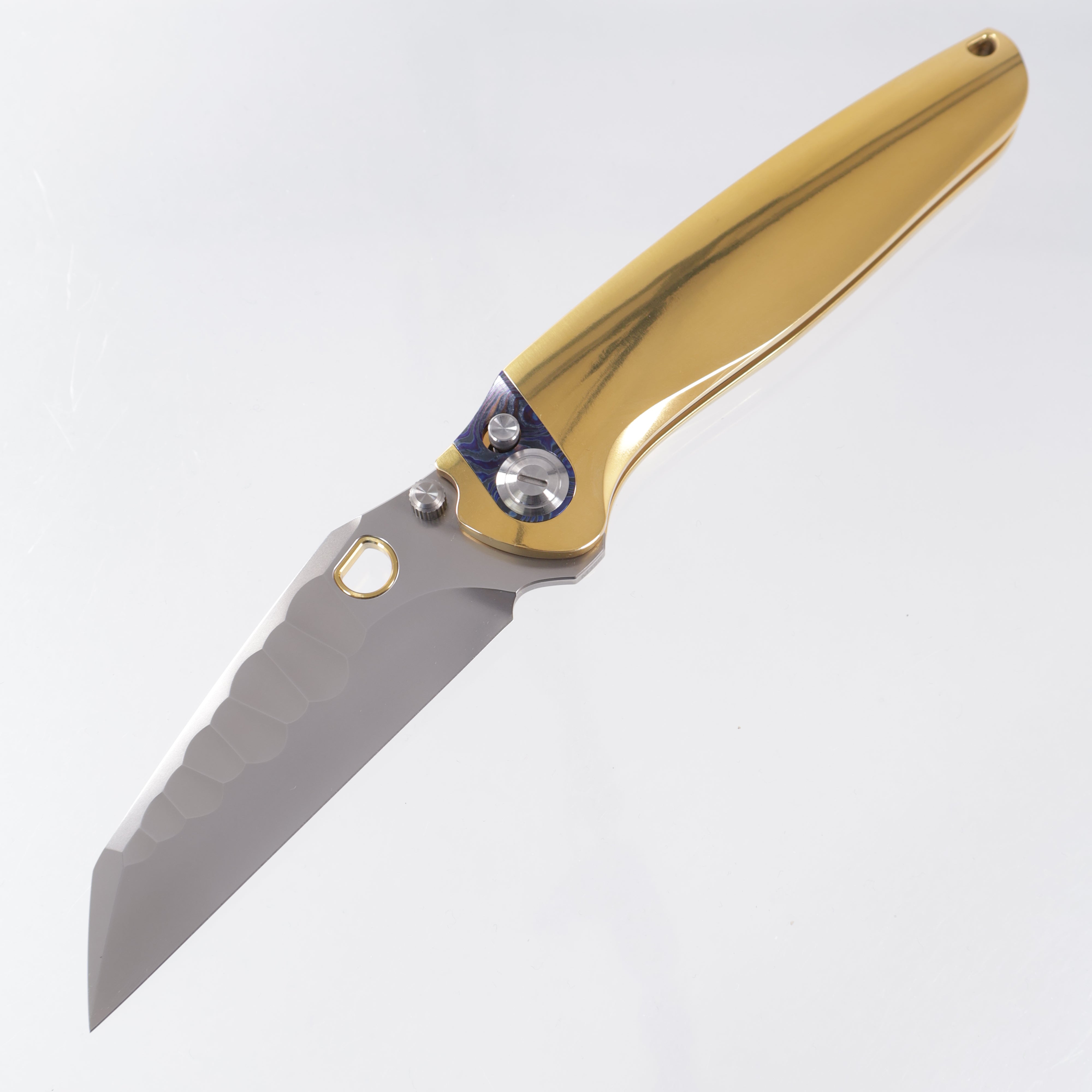 Ketuo Dirty Bird - High Polish Gold Titanium w/ ZircuTi Pivot Collar - Pearlescent M390 w/ Rock Pattern - G