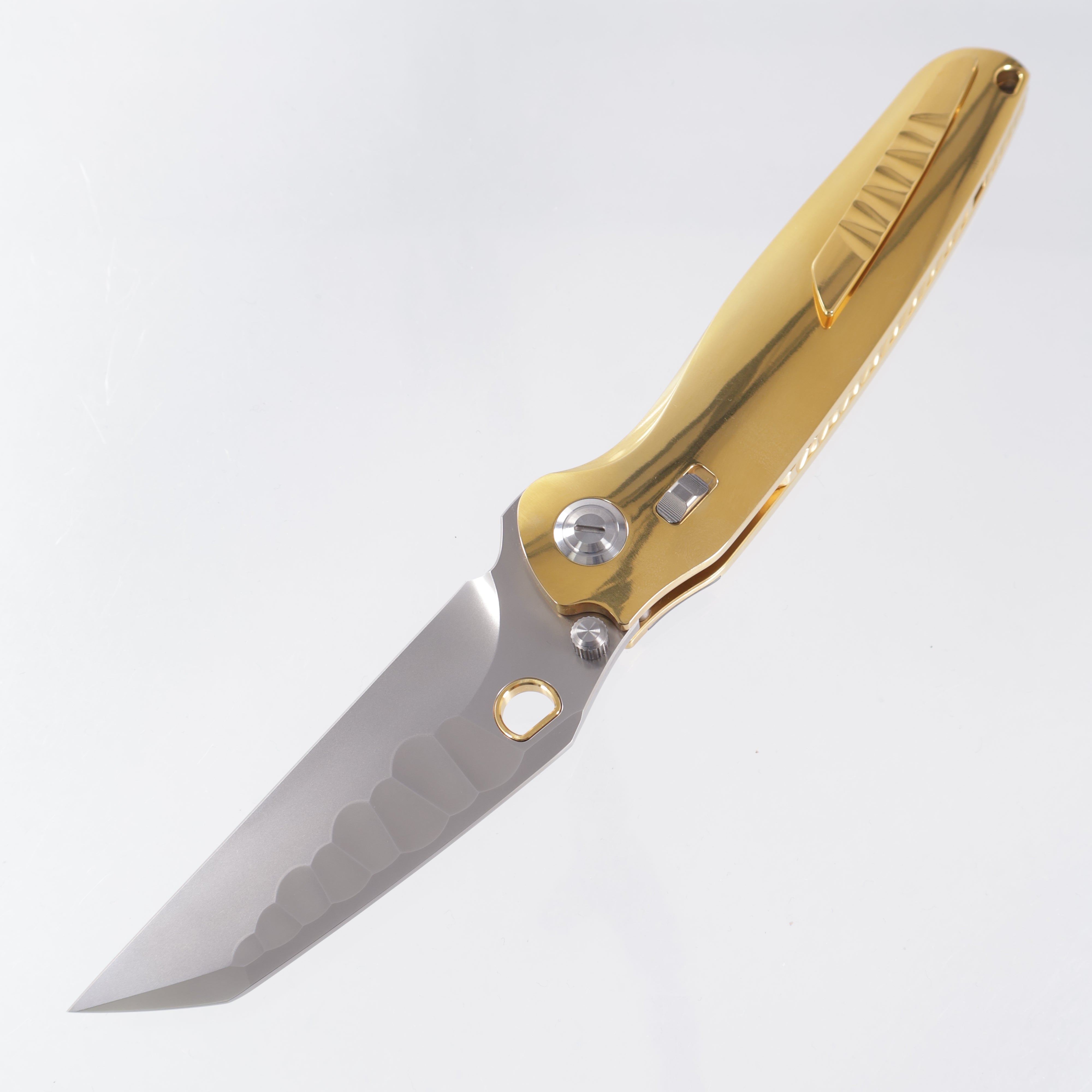 Ketuo Dirty Bird - High Polish Gold Titanium w/ ZircuTi Pivot Collar - Pearlescent M390 w/ Rock Pattern - G