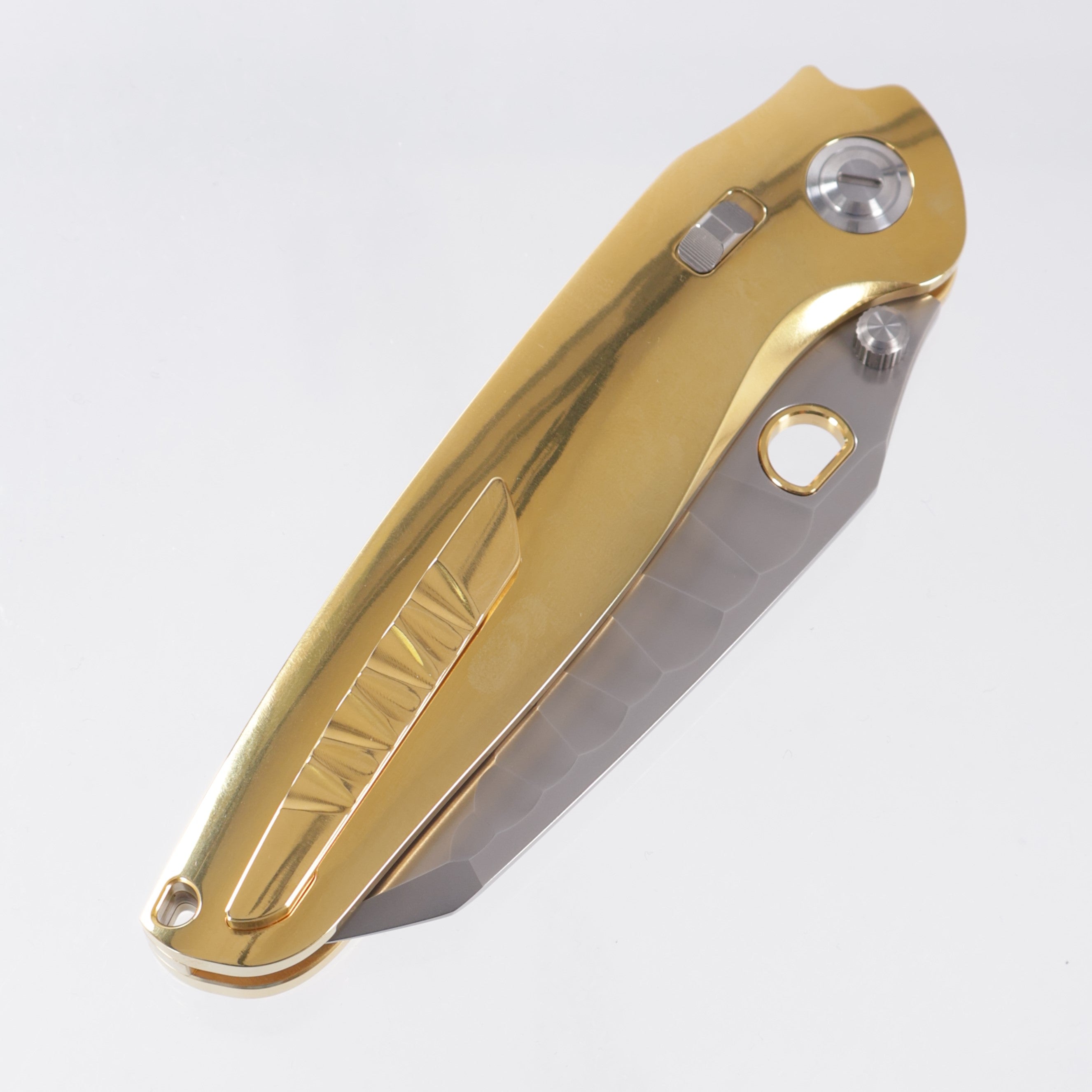 Ketuo Dirty Bird - High Polish Gold Titanium w/ ZircuTi Pivot Collar - Pearlescent M390 w/ Rock Pattern - G