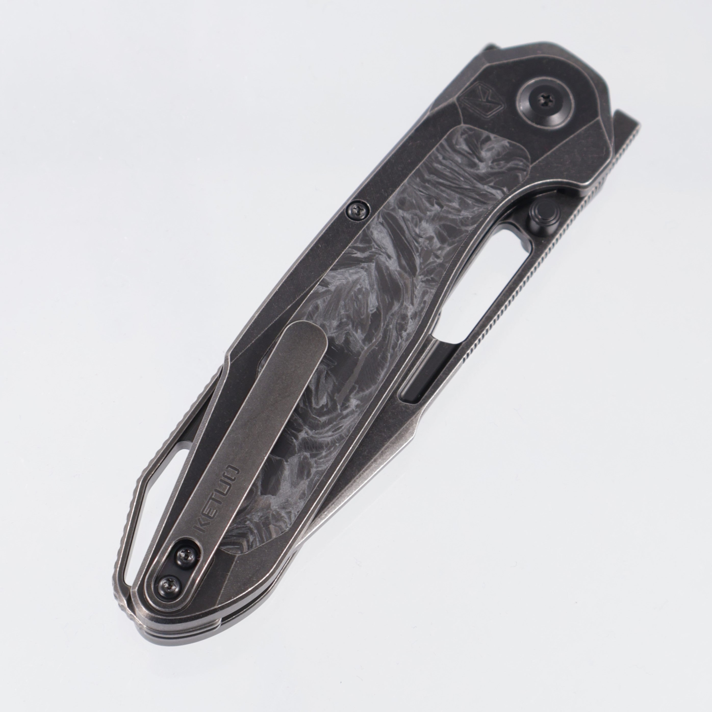 Ketuo Triad TC - Black Stonewash Titanium w/ White Carbon Fiber Inlays - Black Stonewash M390 - WHT/SW