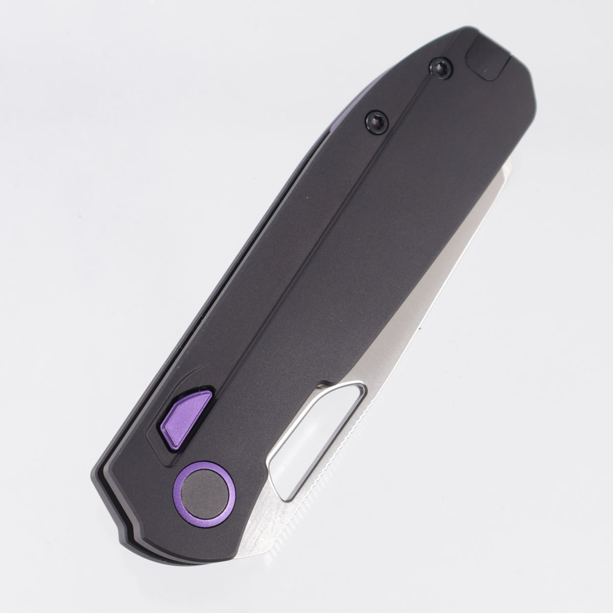 Kizer Mash Button Liner Lock - Black Aluminum w/ Purple Accents - Satin M390 - Ki3699BSA1