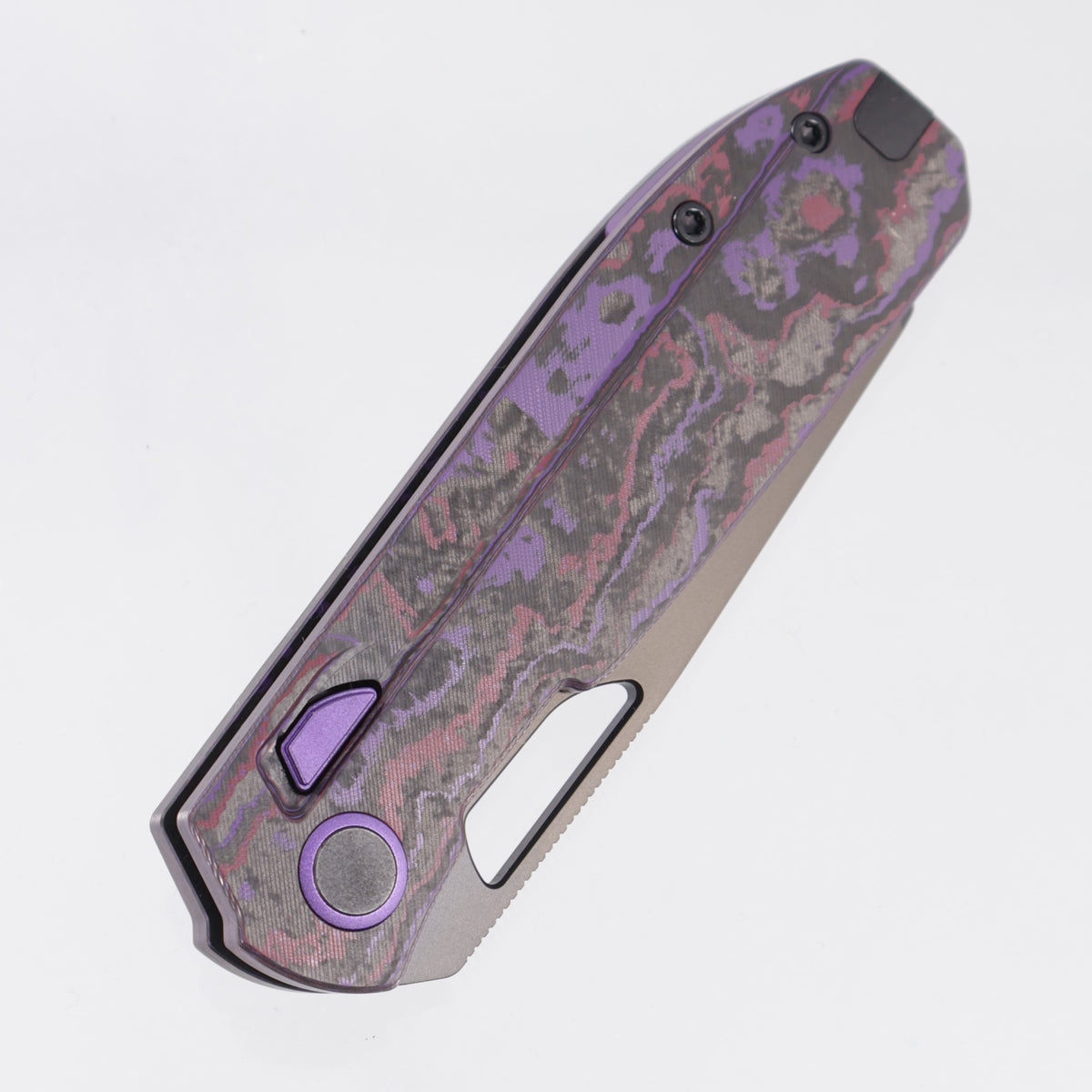 Kizer Mash Button Liner Lock - Purple Haze Fat Carbon w/ Purple Accents - Matte DLC Ultra M390 - Ki3699BSA2