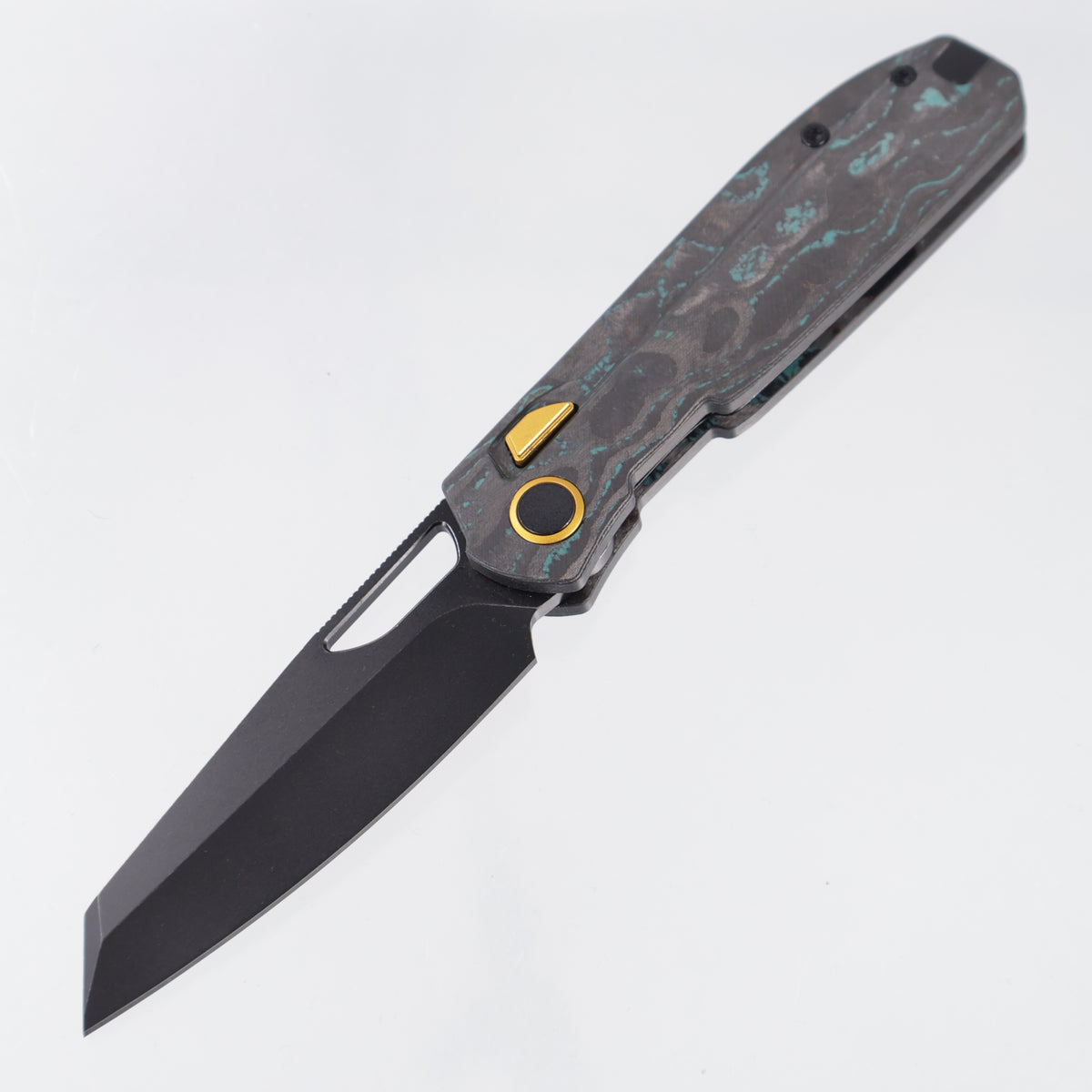 Kizer Mash Button Liner Lock - Shipwreck Camo Carbon w/ Gold Accents - Black Stonewash M390 - Ki3699BSA3