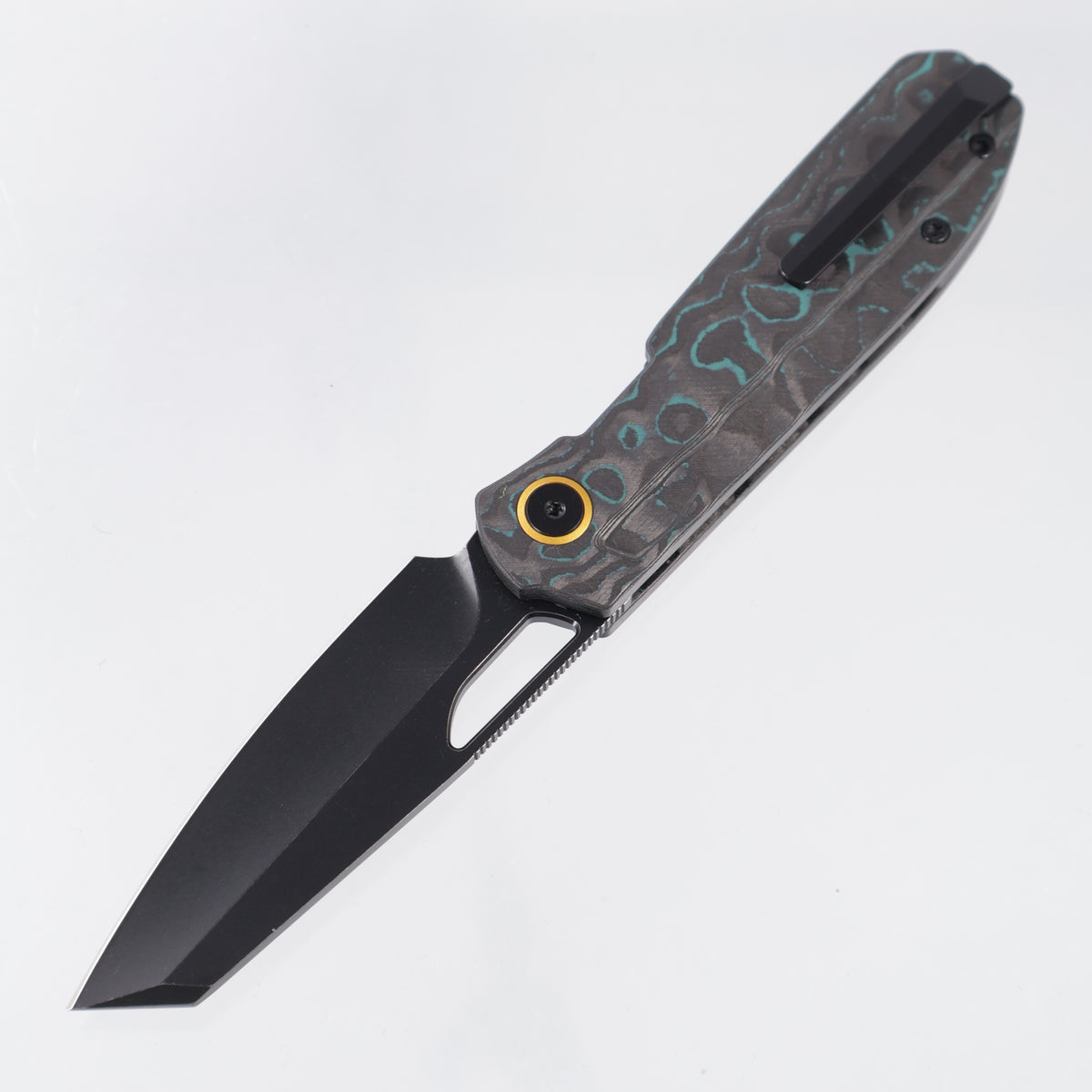 Kizer Mash Button Liner Lock - Shipwreck Camo Carbon w/ Gold Accents - Black Stonewash M390 - Ki3699BSA3