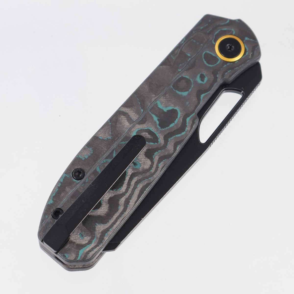 Kizer Mash Button Liner Lock - Shipwreck Camo Carbon w/ Gold Accents - Black Stonewash M390 - Ki3699BSA3