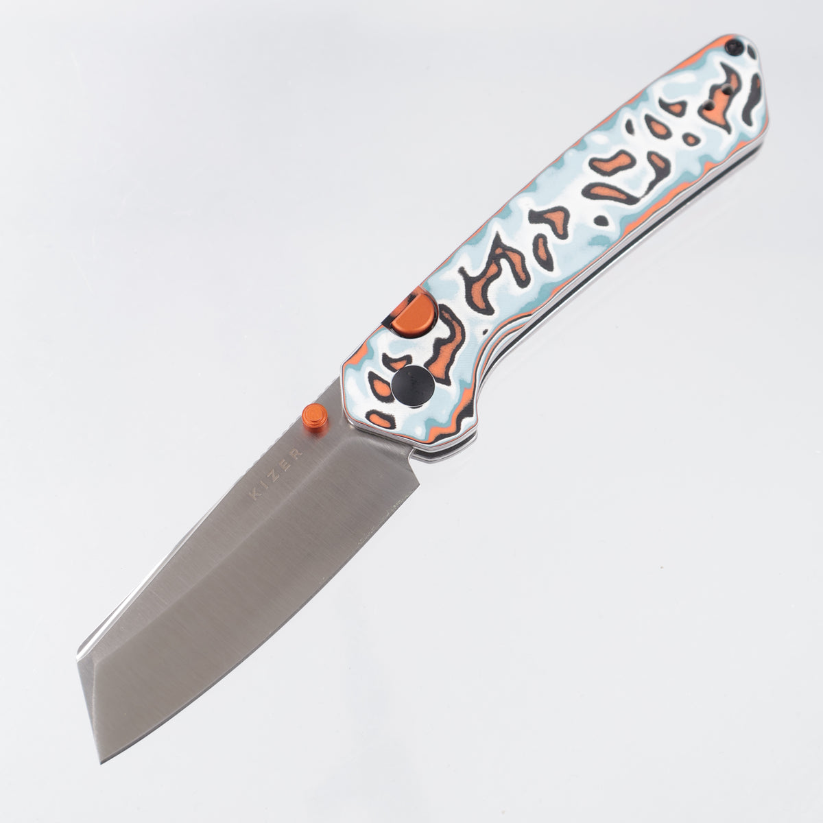 Kizer Madrac Button Liner Lock - Coral Vortex Micarta w/ Orange Accents - Satin 14C28N - V3693BSA2