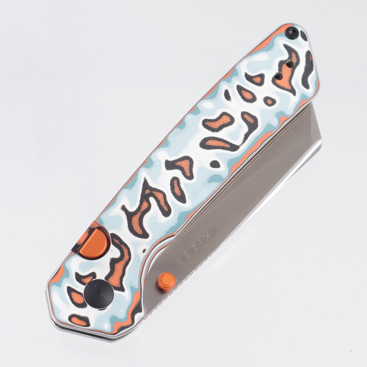 Kizer Madrac Button Liner Lock - Coral Vortex Micarta w/ Orange Accents - Satin 14C28N - V3693BSA2