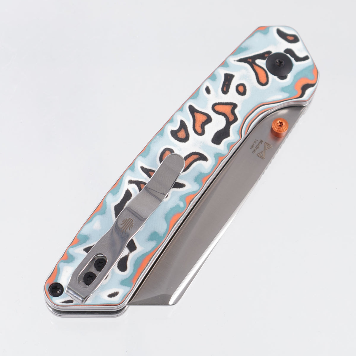Kizer Madrac Button Liner Lock - Coral Vortex Micarta w/ Orange Accents - Satin 14C28N - V3693BSA2