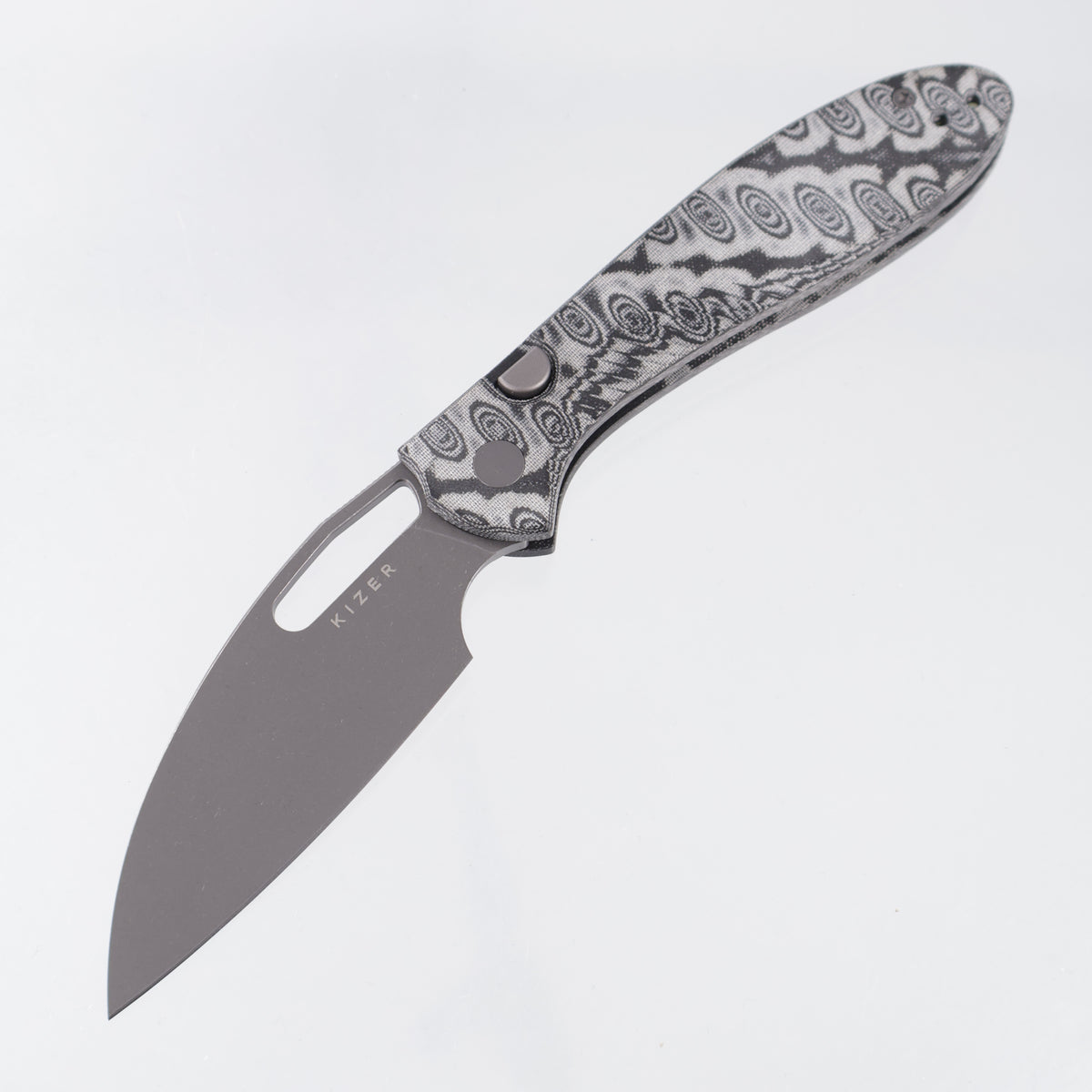 Kizer Masu - Gray & Black Vortex Micarta w/ Blue GITD G10 Backspacer - Gray PVD 14C28N - V3697A2
