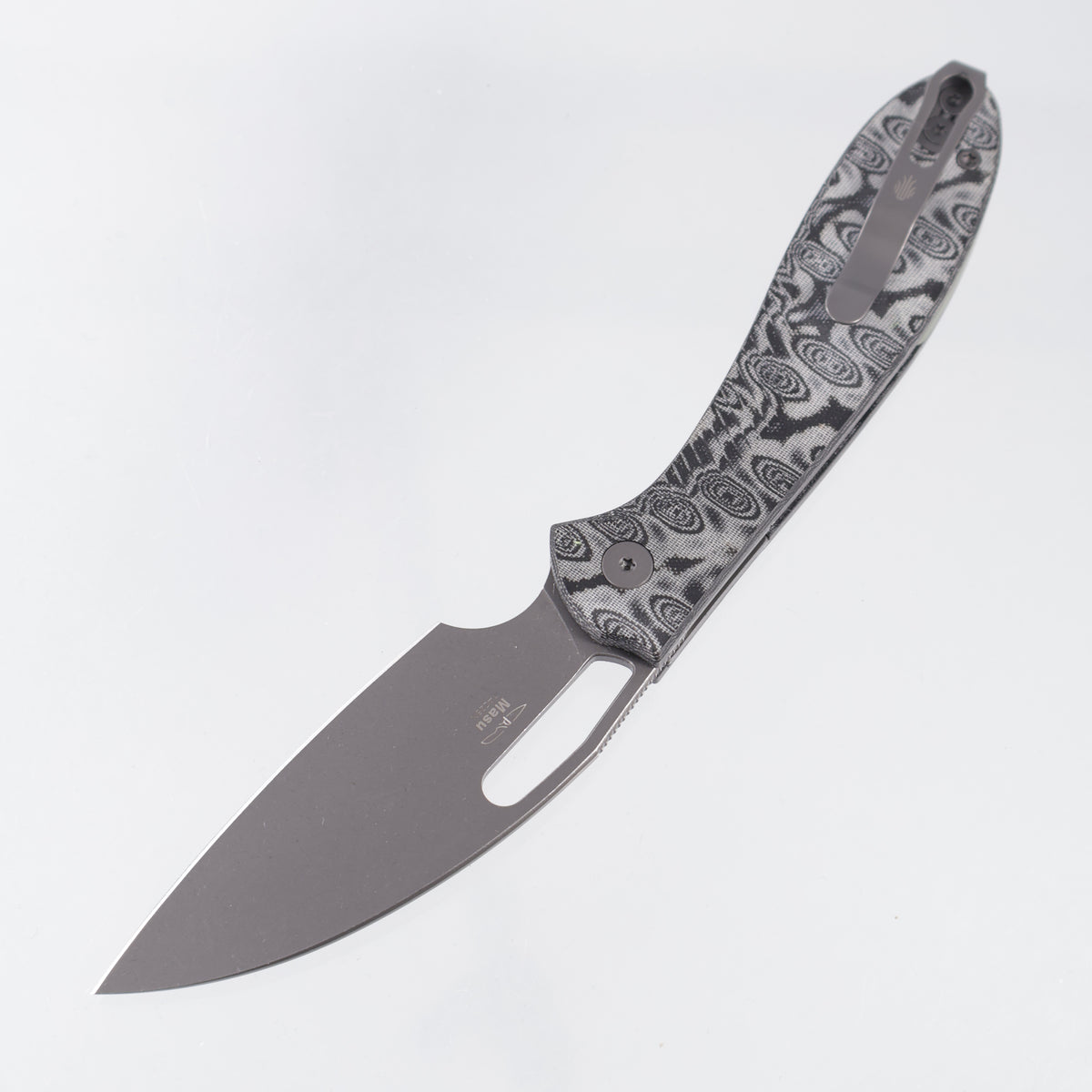 Kizer Masu - Gray & Black Vortex Micarta w/ Blue GITD G10 Backspacer - Gray PVD 14C28N - V3697A2