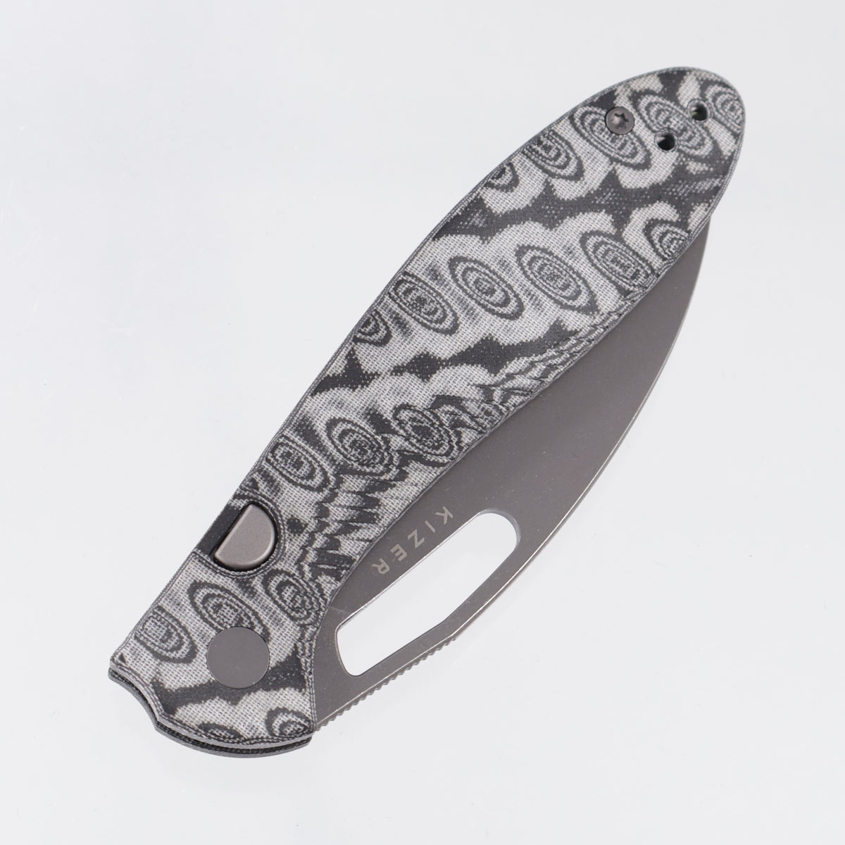 Kizer Masu - Gray & Black Vortex Micarta w/ Blue GITD G10 Backspacer - Gray PVD 14C28N - V3697A2