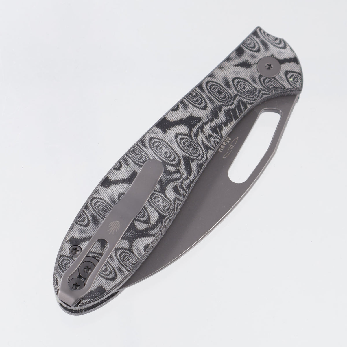 Kizer Masu - Gray & Black Vortex Micarta w/ Blue GITD G10 Backspacer - Gray PVD 14C28N - V3697A2