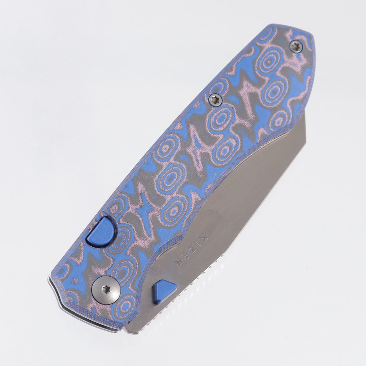 Kizer Wharning - Blue & Purple Vortex Micarta w/ Blue Accents - Satin Nitro-V - V3738BW2