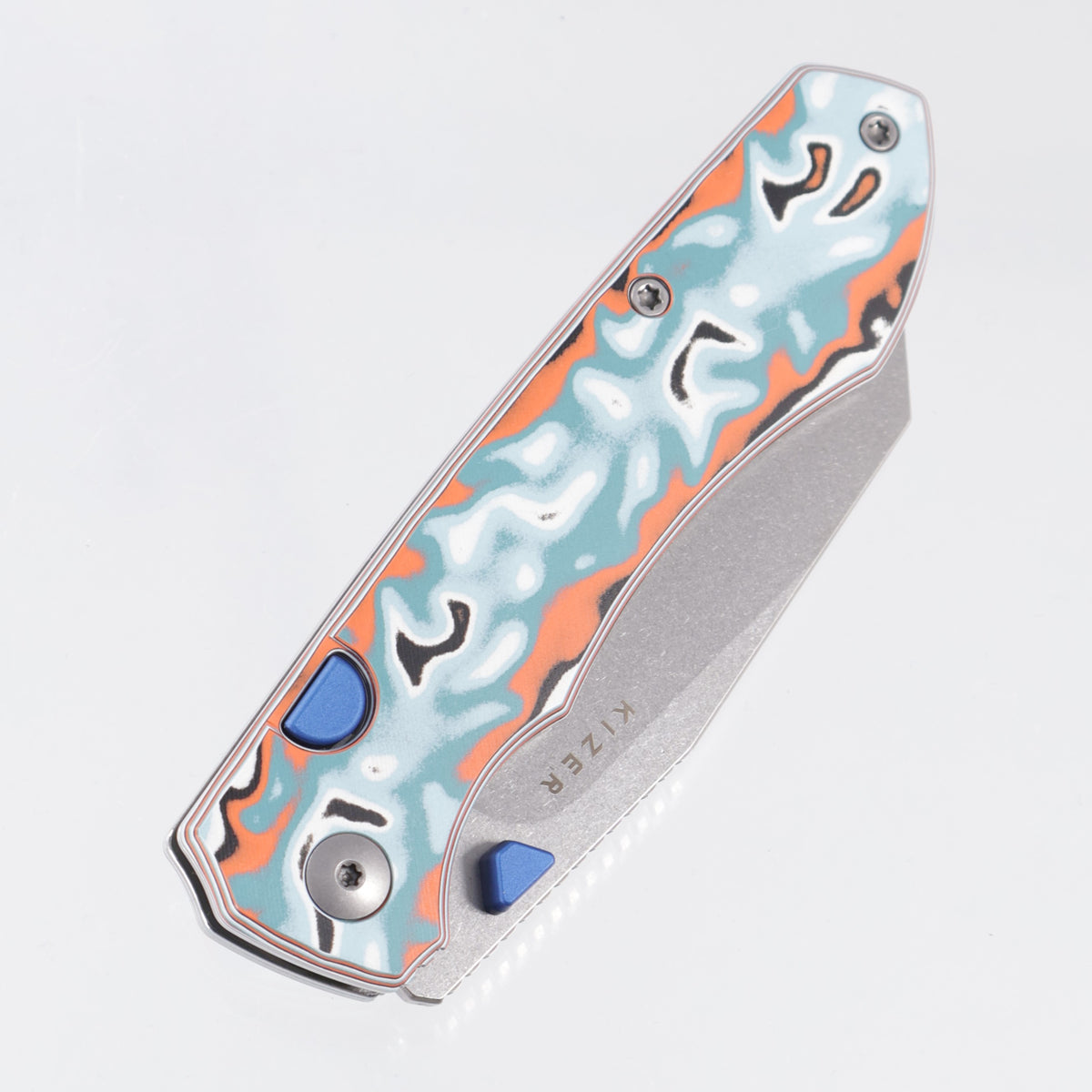 Kizer Wharning - Coral Vortex Micarta w/ Blue Accents - Stonewash Nitro-V - V3738BW4