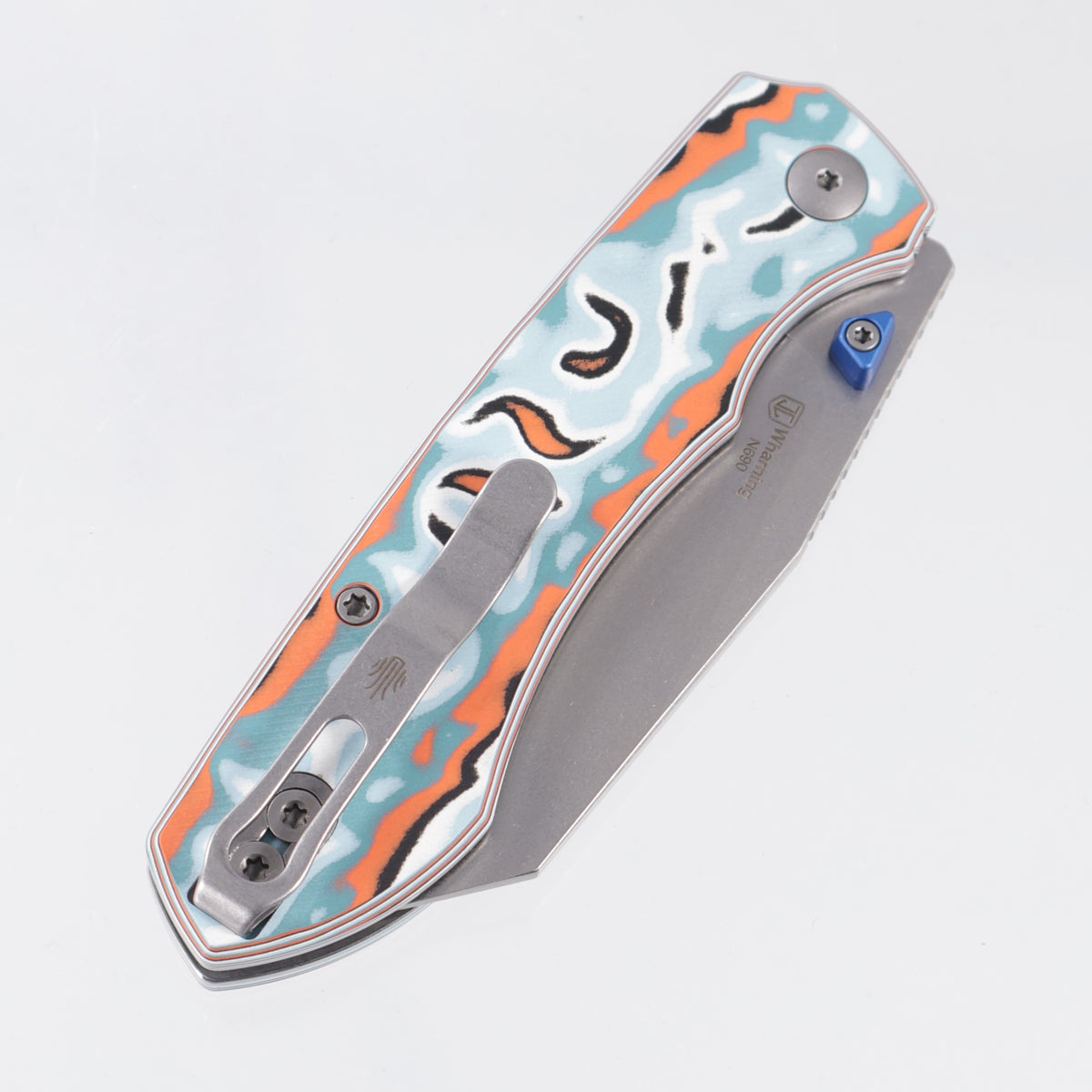 Kizer Wharning - Coral Vortex Micarta w/ Blue Accents - Stonewash Nitro-V - V3738BW4