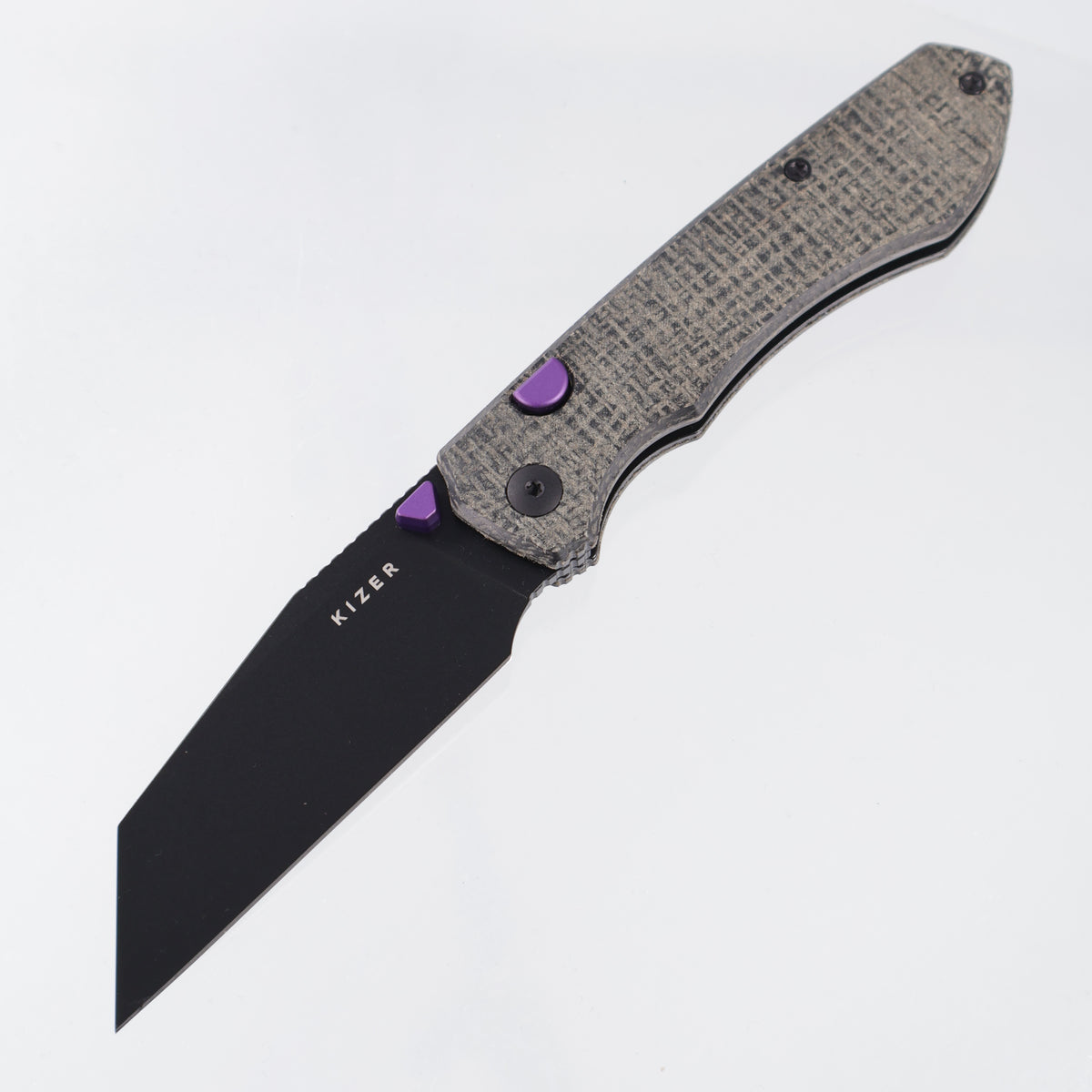 Kizer Wharning - Black Burlap Micarta w/ Purple Accents - Black PVD Nitro-V - V3738BW1