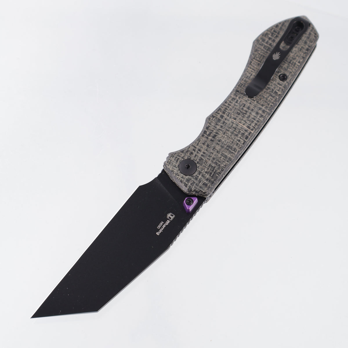 Kizer Wharning - Black Burlap Micarta w/ Purple Accents - Black PVD Nitro-V - V3738BW1