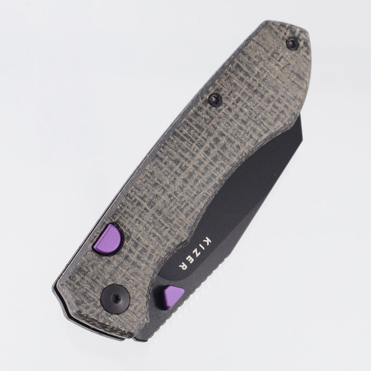 Kizer Wharning - Black Burlap Micarta w/ Purple Accents - Black PVD Nitro-V - V3738BW1