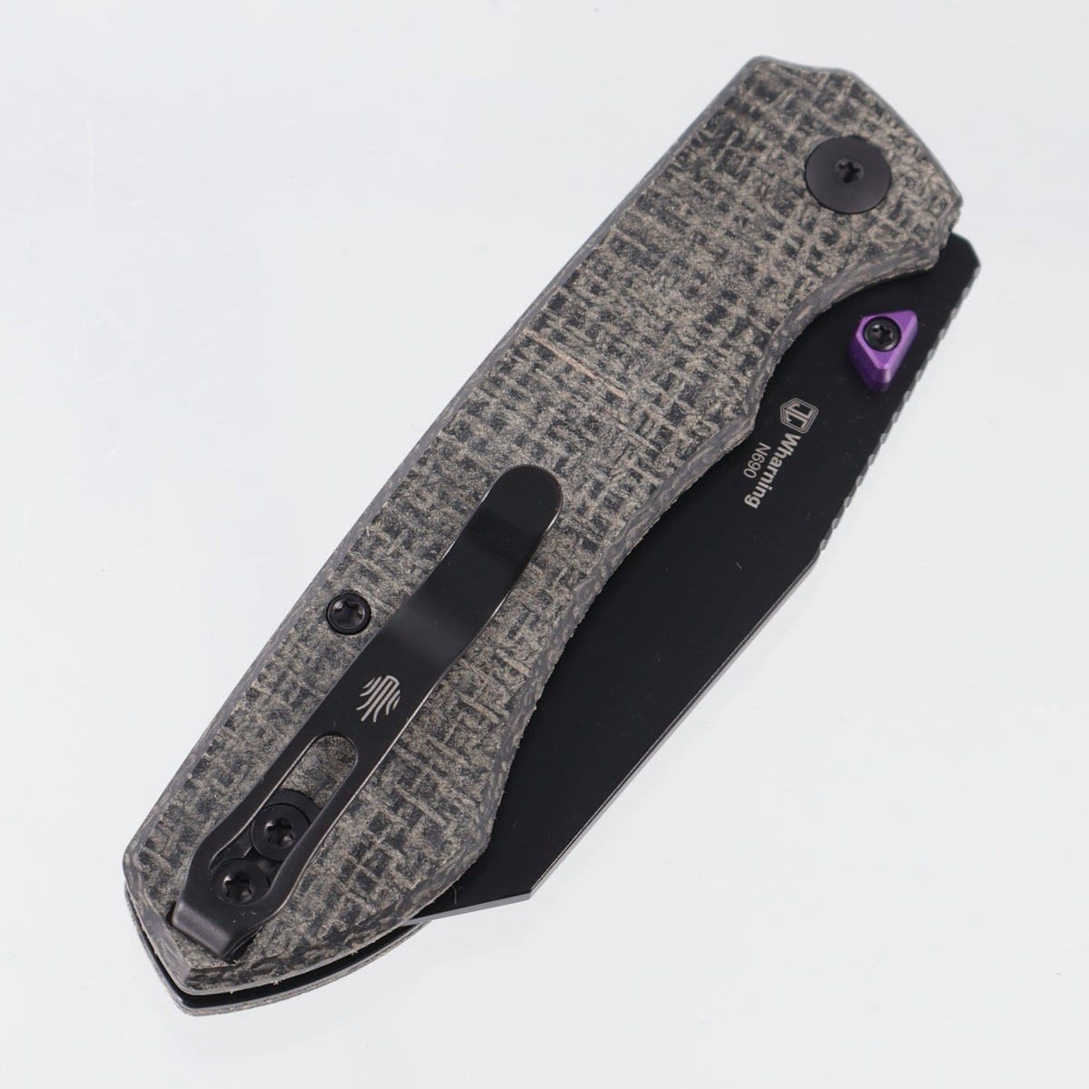 Kizer Wharning - Black Burlap Micarta w/ Purple Accents - Black PVD Nitro-V - V3738BW1