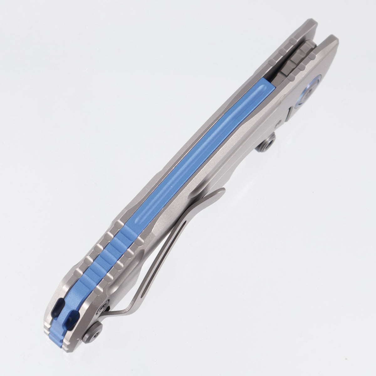 Kizer Silver Wing Lite - Stonewash Titanium w/ Silver Twill Carbon Fiber Inlay & Blue Accents - Stonewash S45VN - ZX-FK09A2