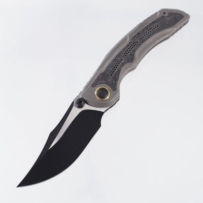 Kizer Silver Wing Lite - Dark Stonewash Titanium w/ Shred Carbon Fiber Inlay & Gold Accents - Black PVD S45VN - ZX-FK09A1