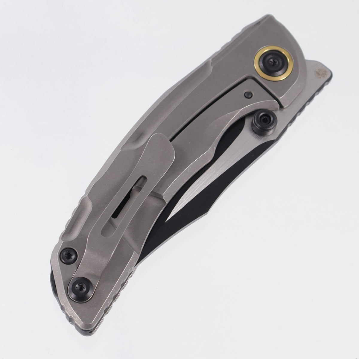 Kizer Silver Wing Lite - Dark Stonewash Titanium w/ Shred Carbon Fiber Inlay & Gold Accents - Black PVD S45VN - ZX-FK09A1