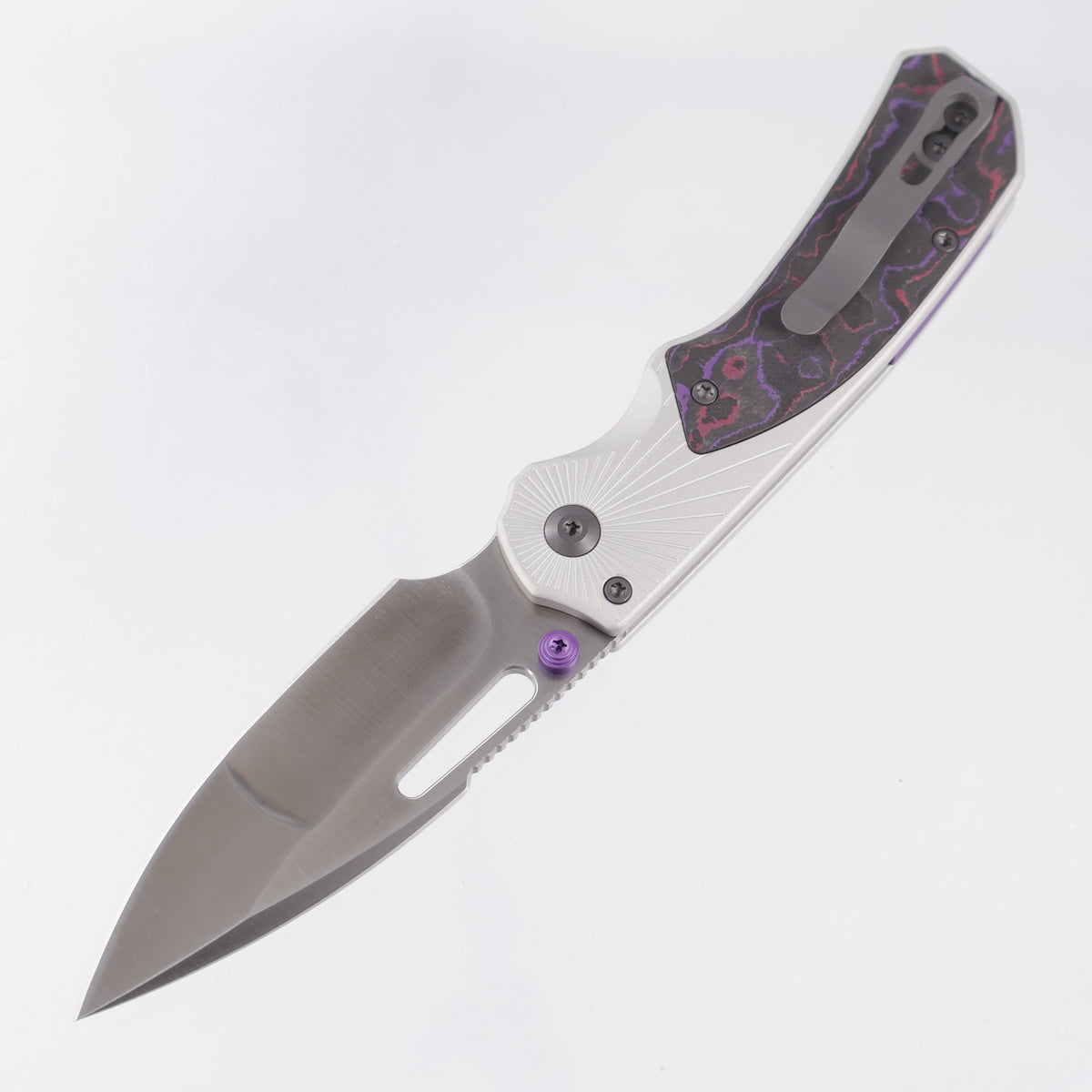 Kizer Durandal - Silver Aluminum w/ Purple Haze Fat Carbon Inlays & Purple Accents - Satin S35VN - K3765BD3