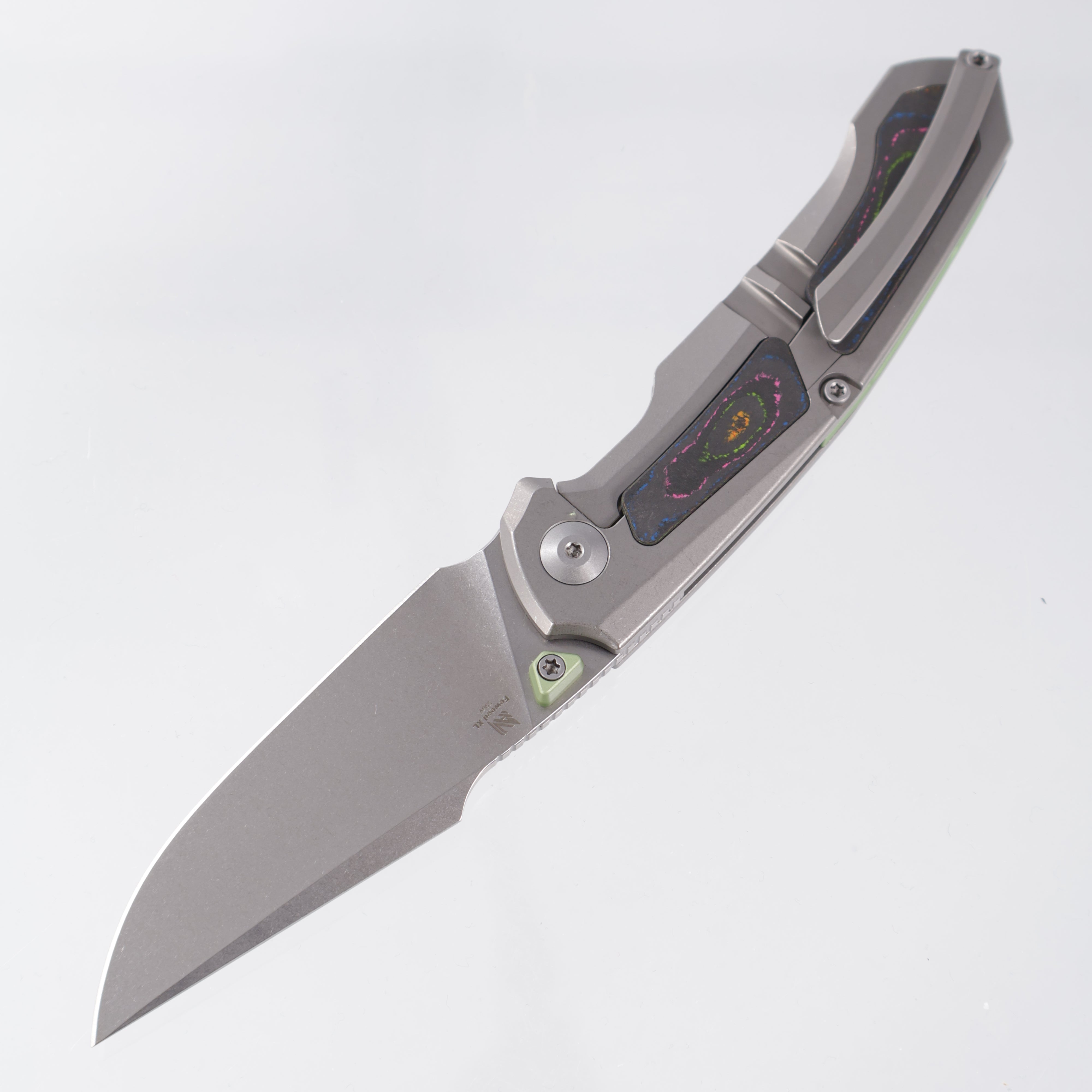 Kizer Feweed XL - Stonewash Titanium w/ 80s Camo Carbon Inlays & Green Ti Accents - Stonewash S90V - KI4694E1 - BROP Exclusive
