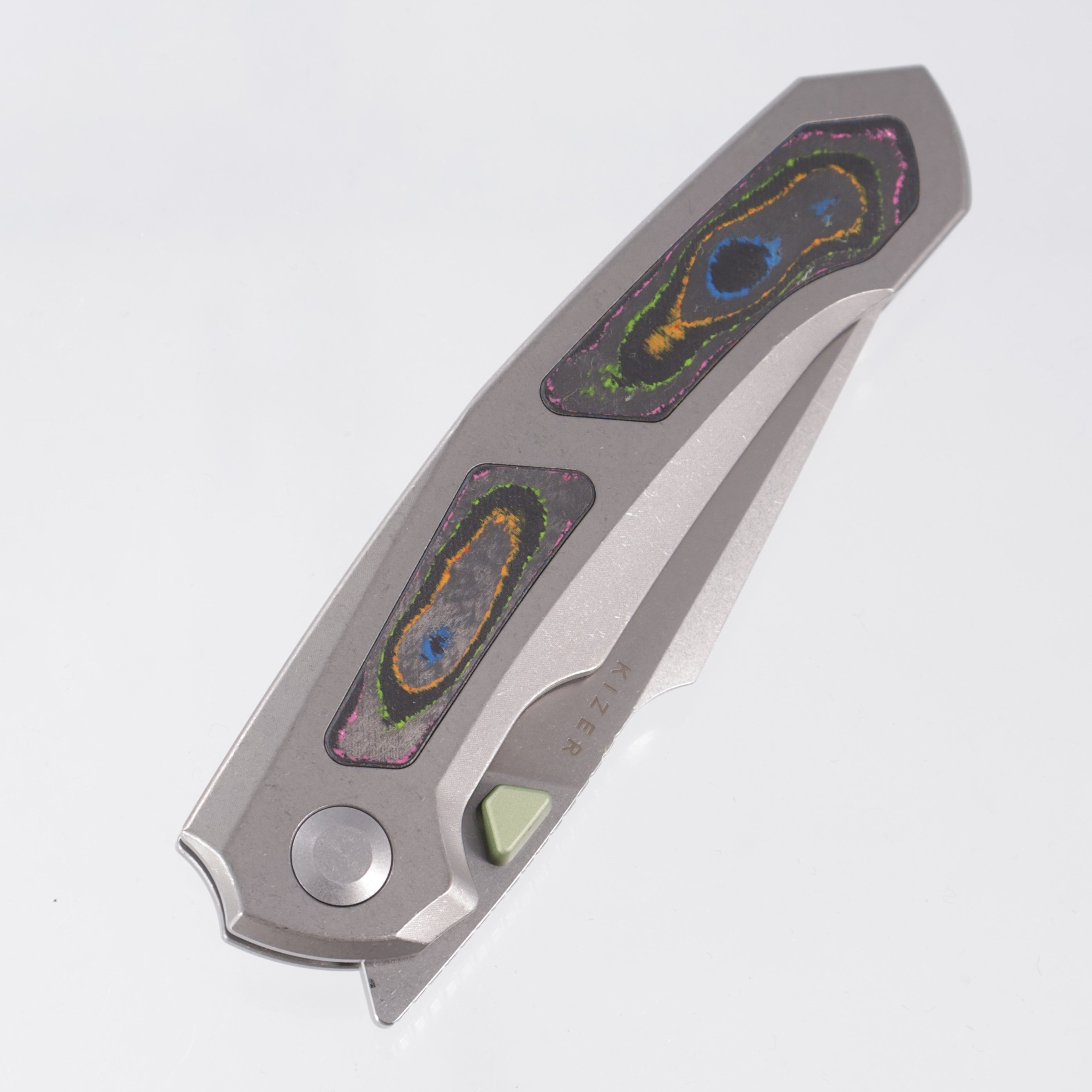 Kizer Feweed XL - Stonewash Titanium w/ 80s Camo Carbon Inlays & Green Ti Accents - Stonewash S90V - KI4694E1 - BROP Exclusive
