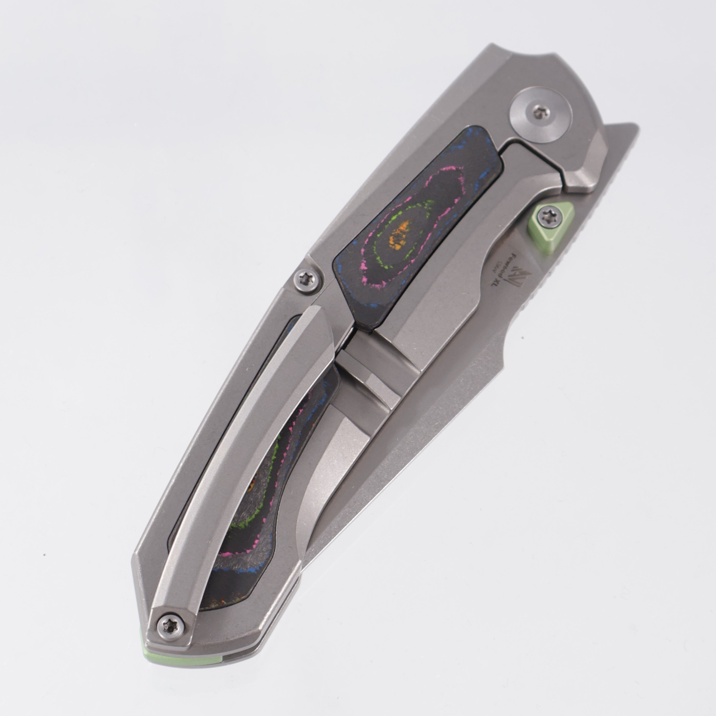 Kizer Feweed XL - Stonewash Titanium w/ 80s Camo Carbon Inlays & Green Ti Accents - Stonewash S90V - KI4694E1 - BROP Exclusive