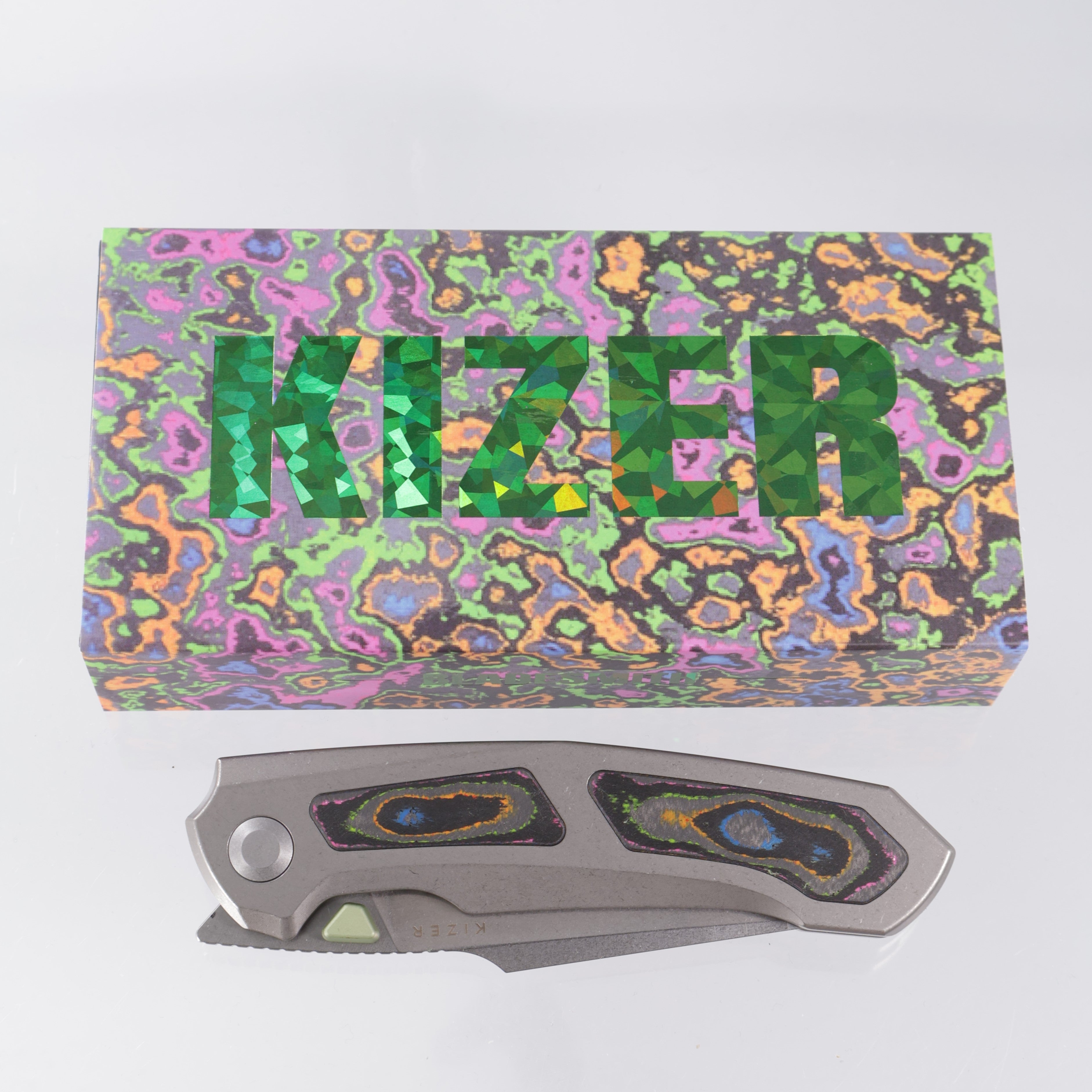 Kizer Feweed XL - Stonewash Titanium w/ 80s Camo Carbon Inlays & Green Ti Accents - Stonewash S90V - KI4694E1 - BROP Exclusive
