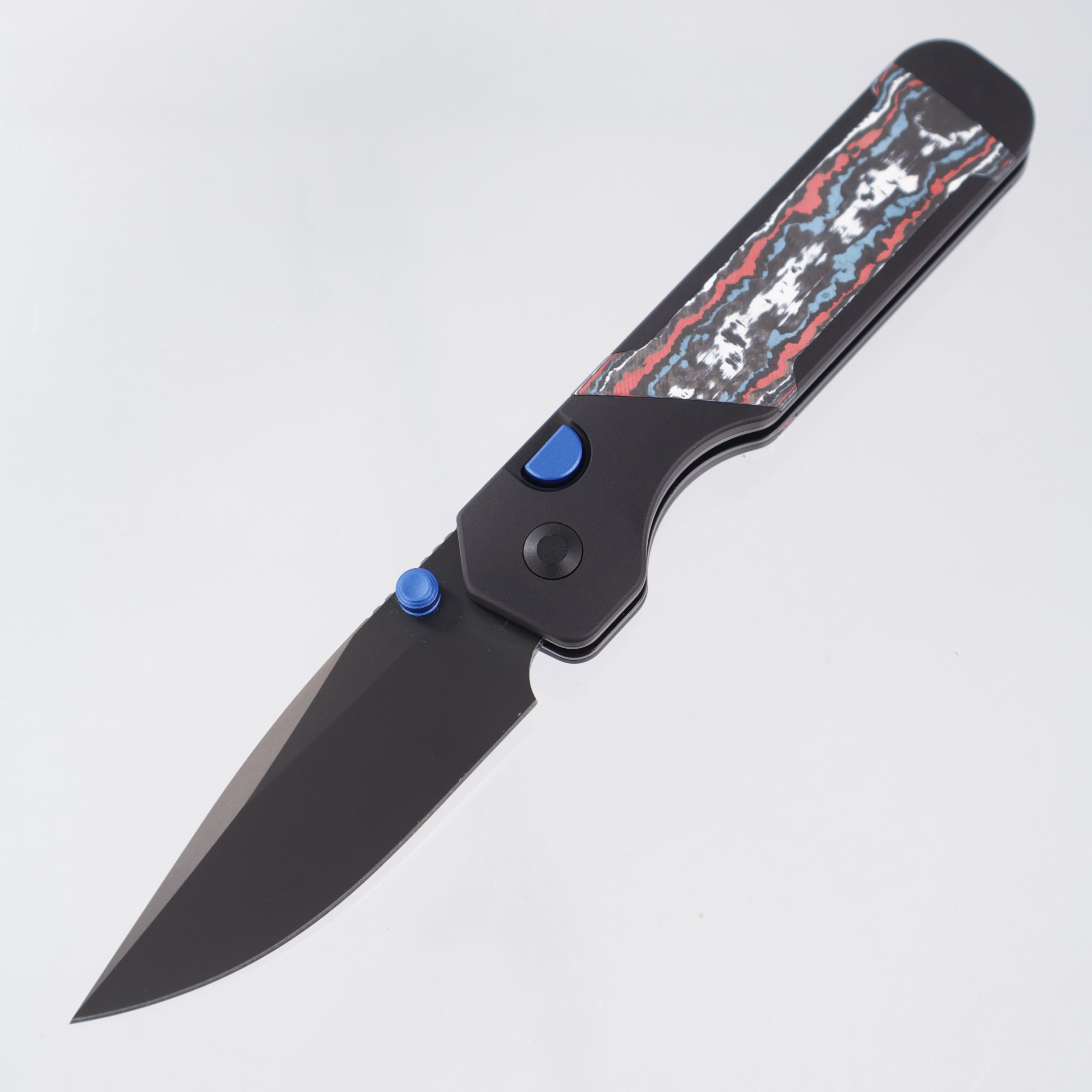 Kizer Militaw 315 KwikSwap Button Liner Lock - Black Aluminum w/ Nebula Fat Carbon Inlays & Blue Accents - Matte DLC Ultra M390 - Ki3634.31BDA1