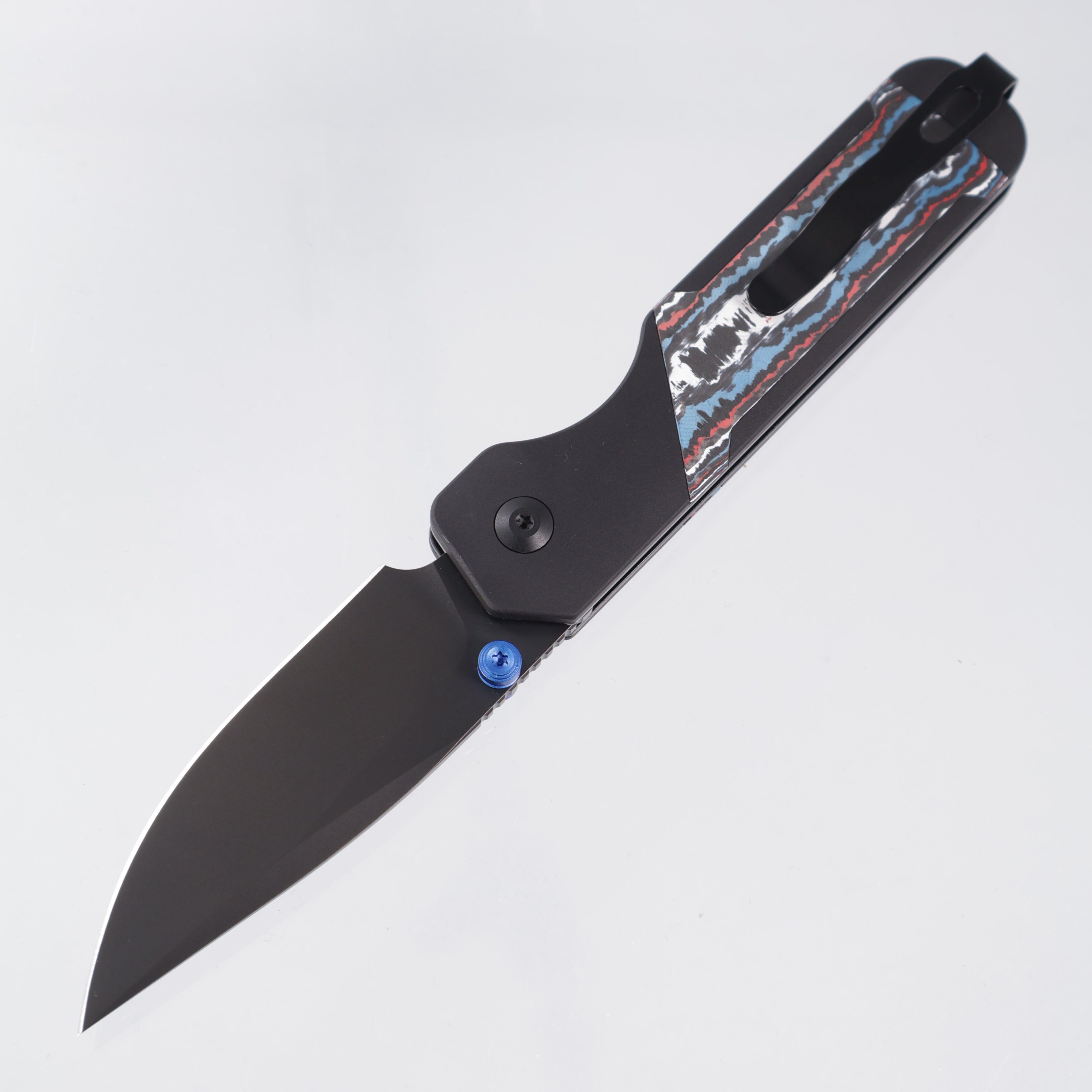 Kizer Militaw 315 KwikSwap Button Liner Lock - Black Aluminum w/ Nebula Fat Carbon Inlays & Blue Accents - Matte DLC Ultra M390 - Ki3634.31BDA1