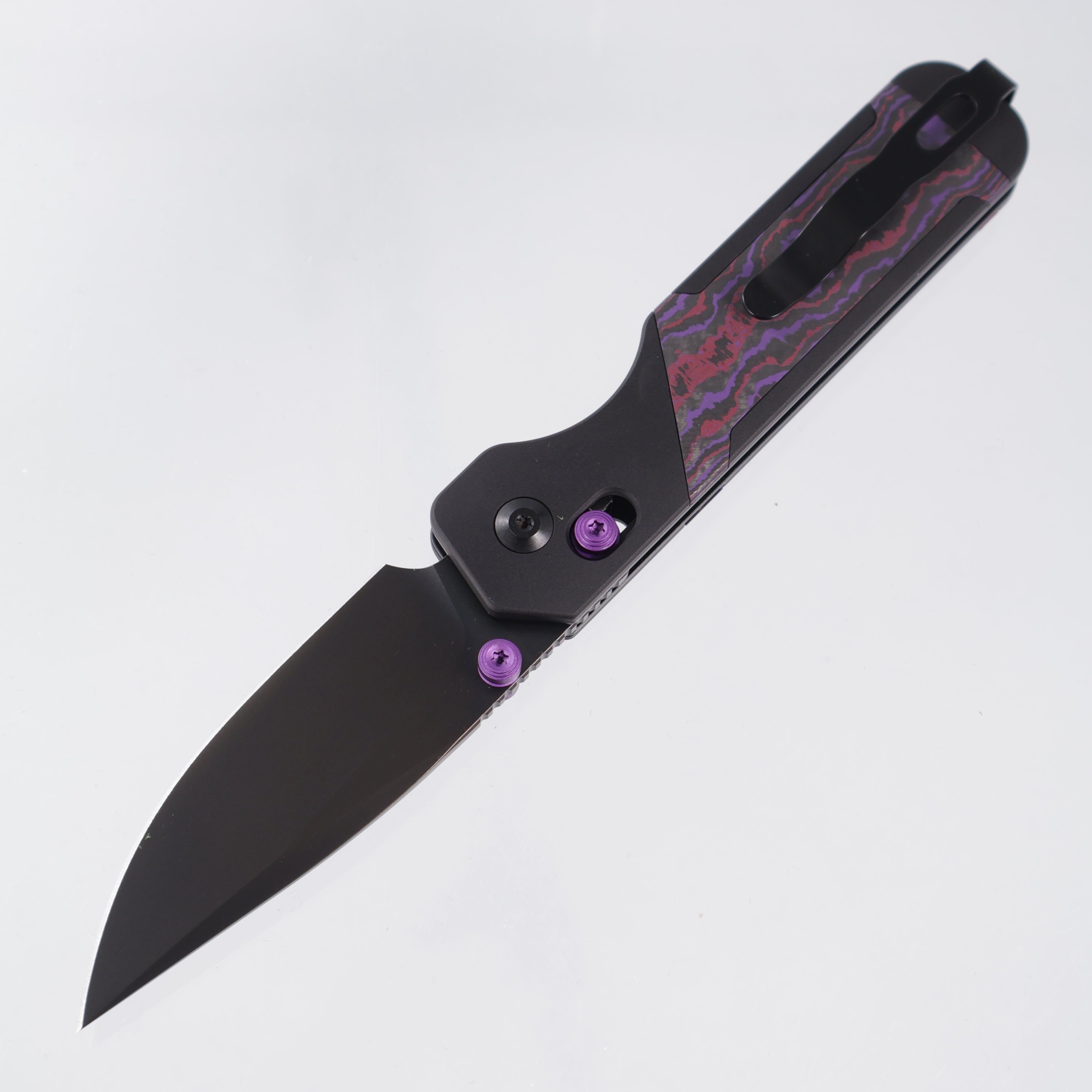 Kizer Militaw 315 KwikSwap Clutch Lock - Black Aluminum w/ Purple Haze Fat Carbon Inlays & Purple Accents - Matte DLC Ultra M390 - Ki3634.31CDA1