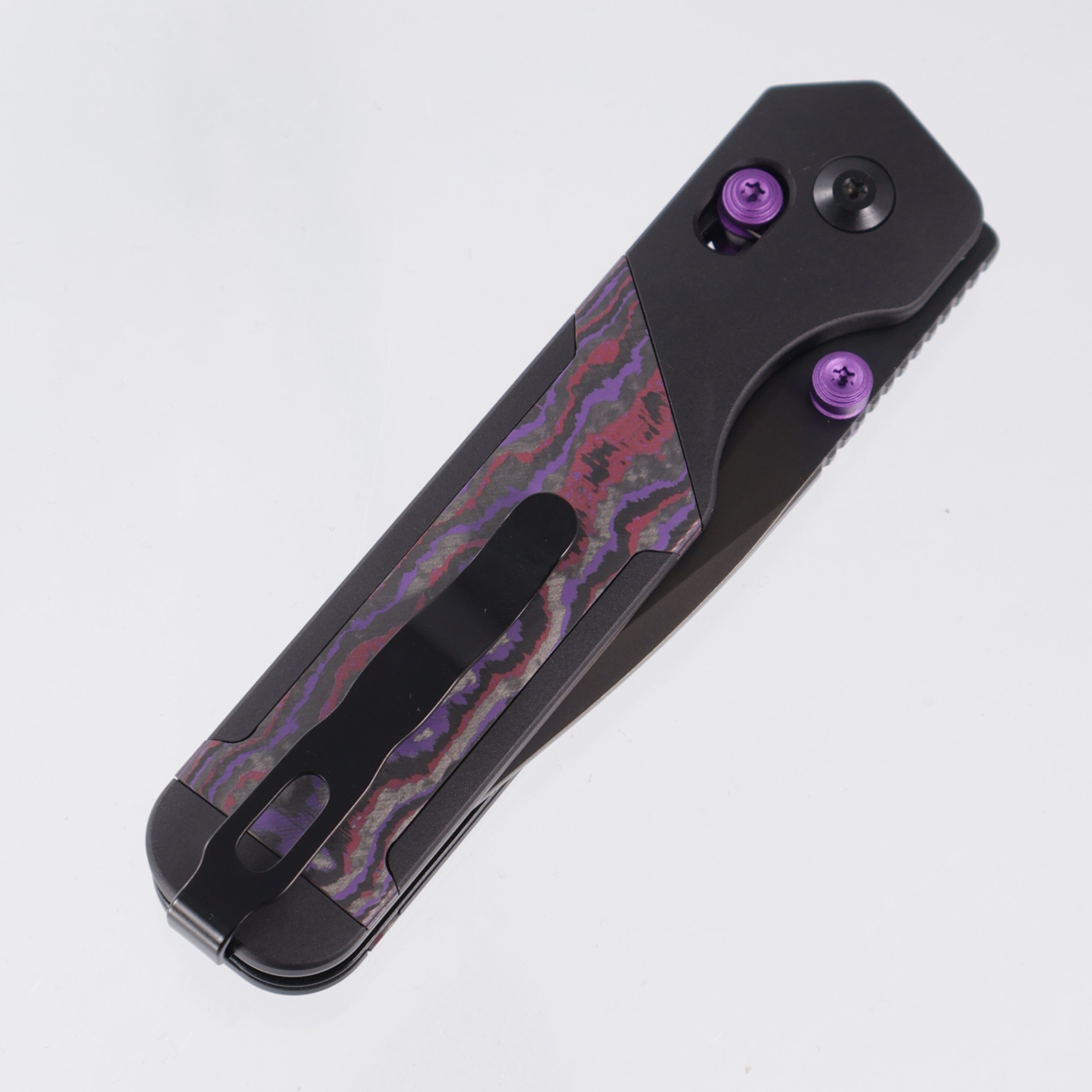 Kizer Militaw 315 KwikSwap Clutch Lock - Black Aluminum w/ Purple Haze Fat Carbon Inlays & Purple Accents - Matte DLC Ultra M390 - Ki3634.31CDA1