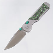 Kizer Militaw 315 KwikSwap Button Liner Lock - Gray Aluminum w/ Junglewear Fat Carbon Inlays & Green Accents - Satin M390 - Ki3634.31BDA2