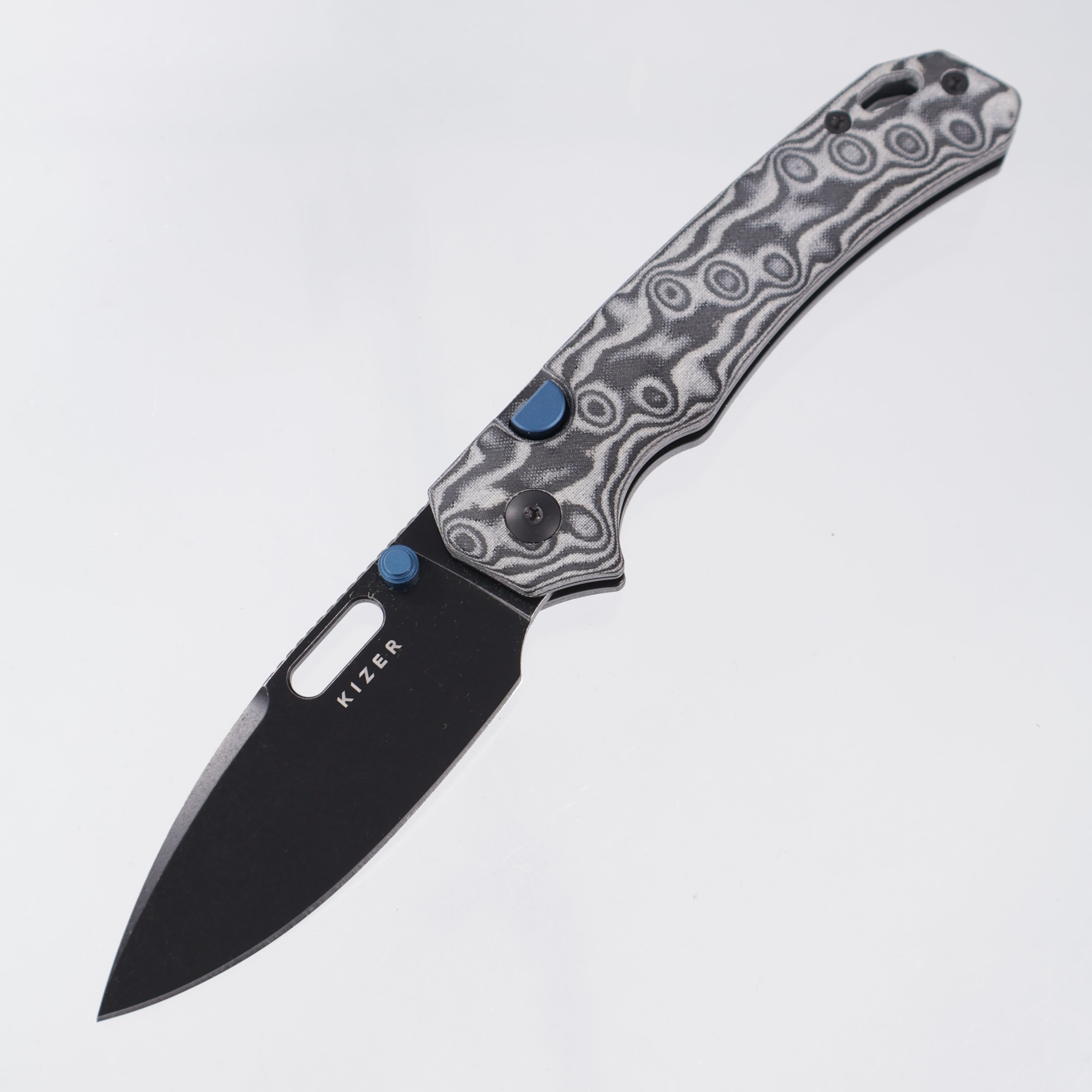 Kizer Outposter Button Liner Lock - Gray Vortex Micarta w/ Blue Accents - Blackwash Nitro-V - V3802BDA2